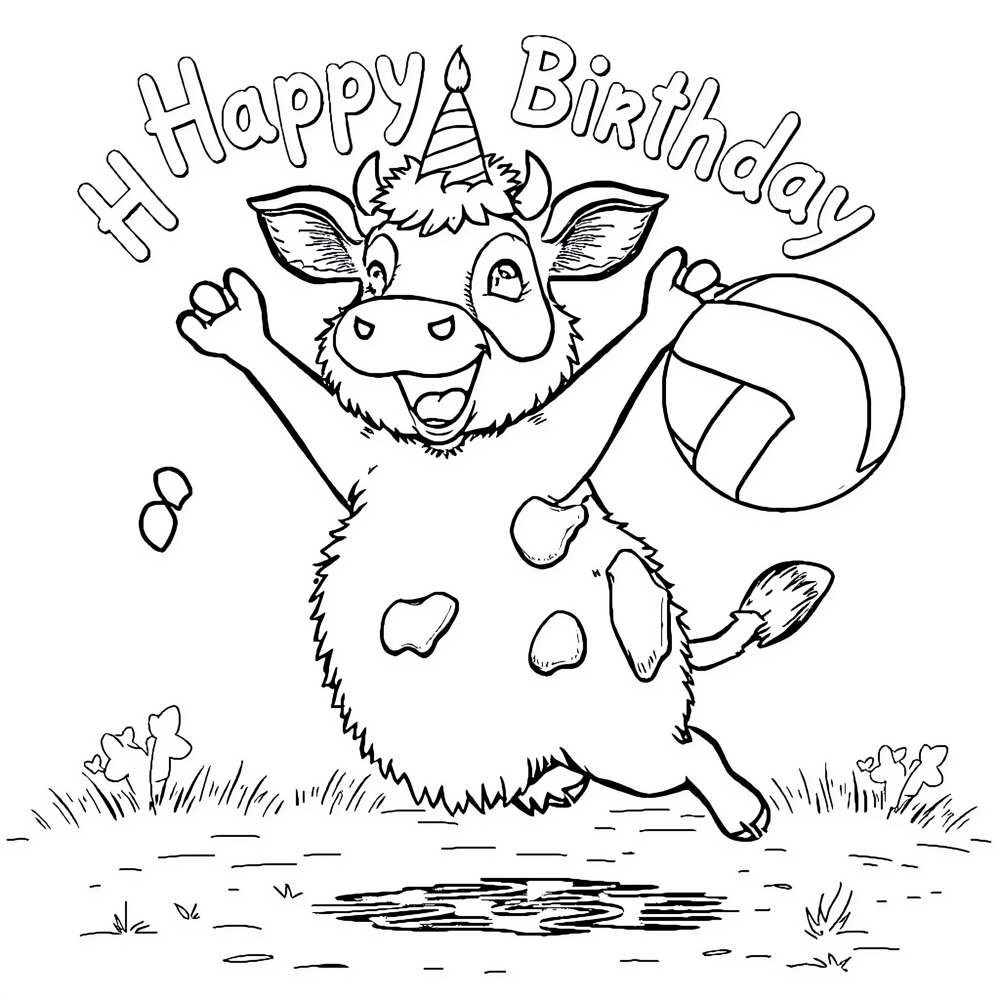 Cow celebrating happy birthday with enthusiasm Coloring Page (free black-and-white line drawing printable PDF for all, from beginners to advanced learners, including children, teens, adults, and seniors)