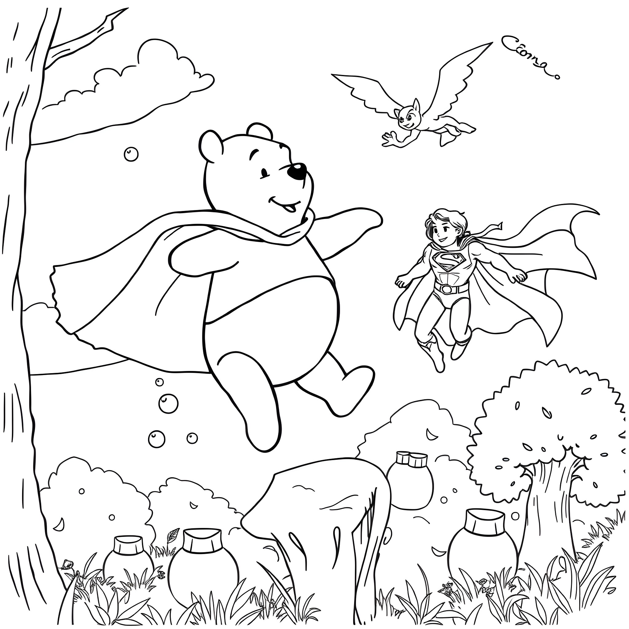 Winnie The Pooh and his friends in a magical forest adventure Coloring Page (free black-and-white line drawing printable PDF for all, from beginners to advanced learners, including children, teens, adults, and seniors)