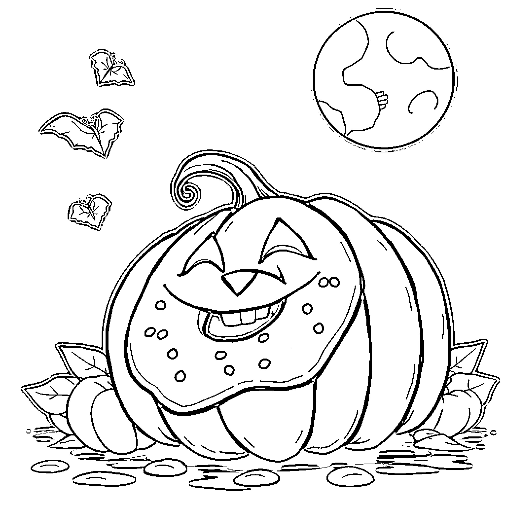 Pumpkin with a Cheerful Grin Coloring Page (free black-and-white line drawing printable PDF for all, from beginners to advanced learners, including children, teens, adults, and seniors)