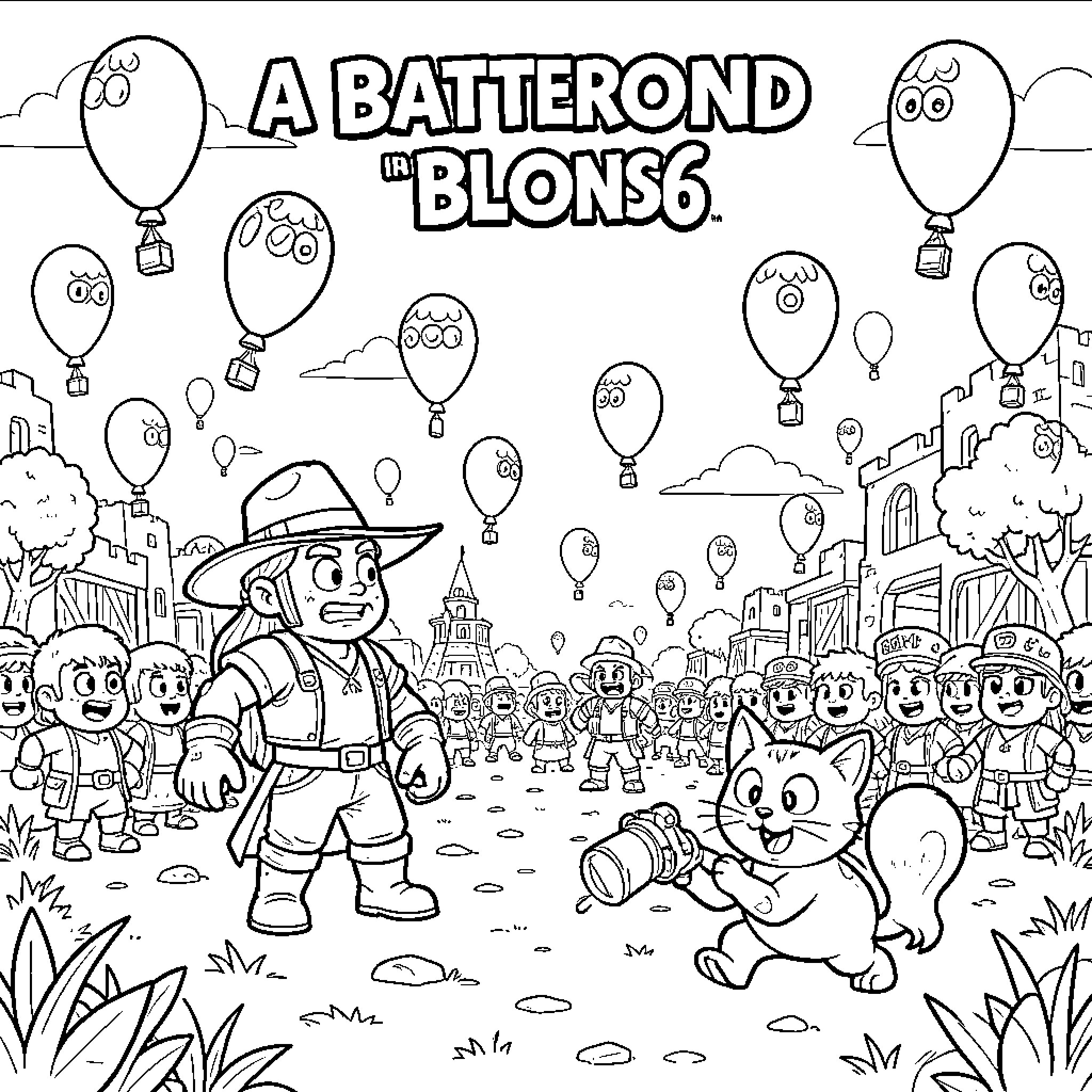 Desperado character standing amidst a crowd of cheerful characters Coloring Page (free black-and-white line drawing printable PDF for all, from beginners to advanced learners, including children, teens, adults, and seniors)