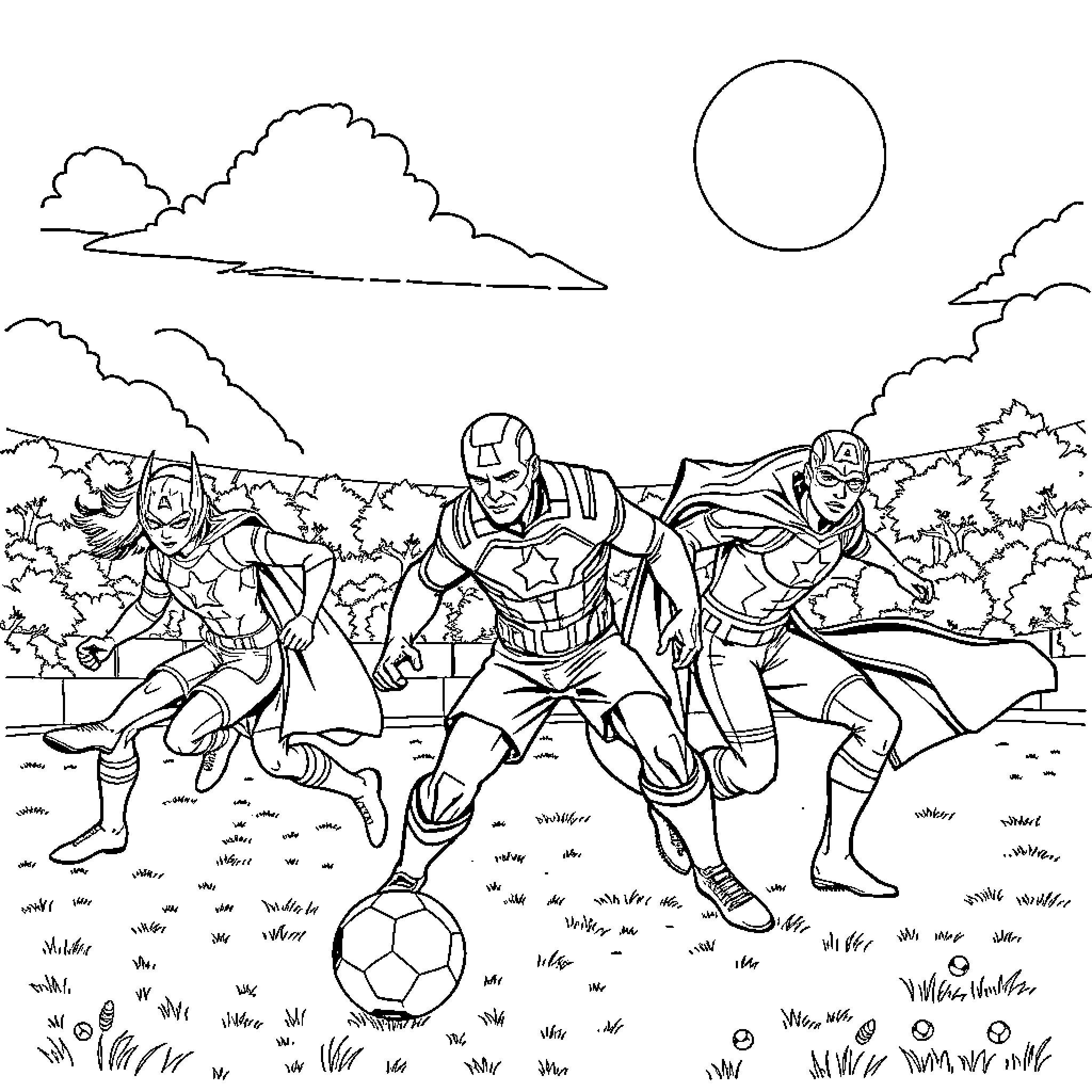 Avenger superheroes playing soccer in the field Coloring Page (free black-and-white line drawing printable PDF for all, from beginners to advanced learners, including children, teens, adults, and seniors)