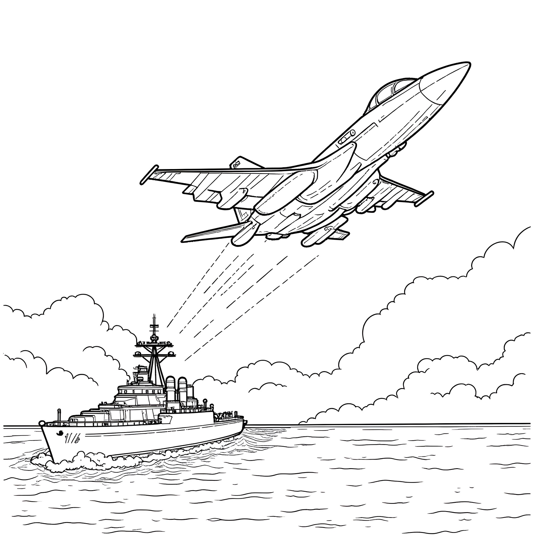 Jet soaring above a naval warship at sea Coloring Page (free black-and-white line drawing printable PDF for all, from beginners to advanced learners, including children, teens, adults, and seniors)
