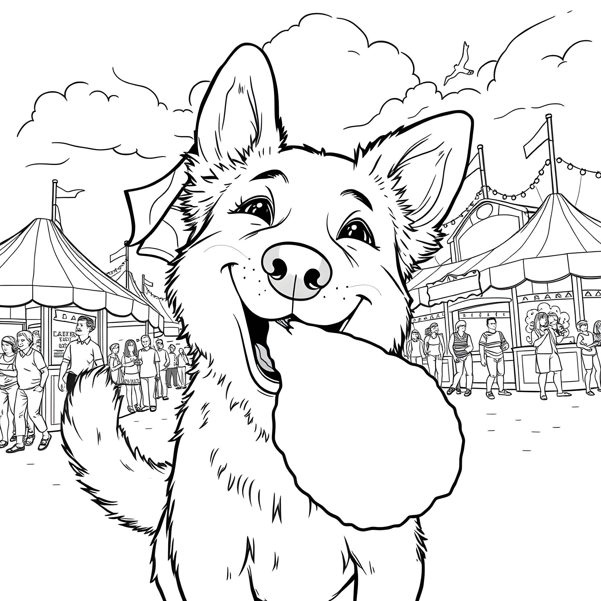 Dog enjoying the sights at a lively carnival Coloring Page (free black-and-white line drawing printable PDF for all, from beginners to advanced learners, including children, teens, adults, and seniors)