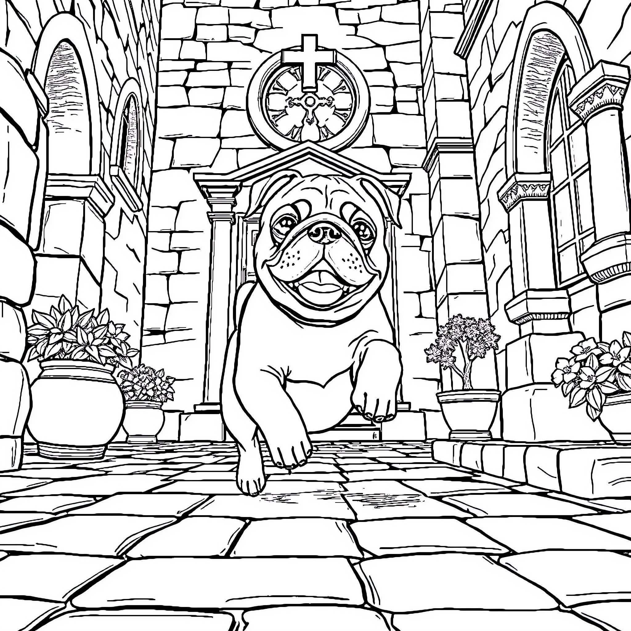 Pug exploring a quaint castle courtyard Coloring Page (free black-and-white line drawing printable PDF for all, from beginners to advanced learners, including children, teens, adults, and seniors)