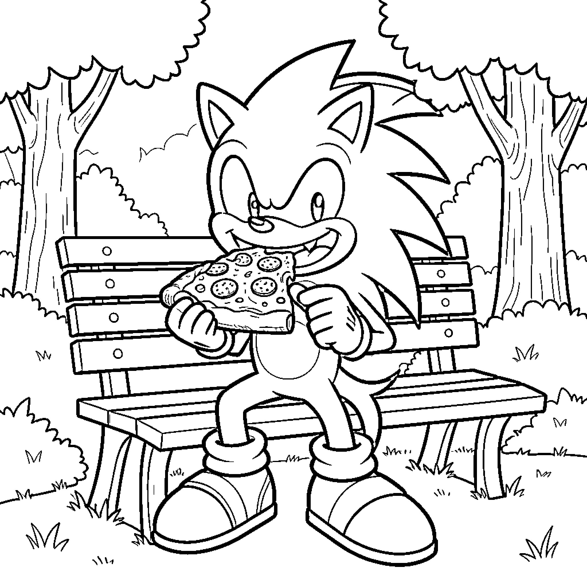 Sonic enjoying a delectable pizza in the park Coloring Page (free black-and-white line drawing printable PDF for all, from beginners to advanced learners, including children, teens, adults, and seniors)