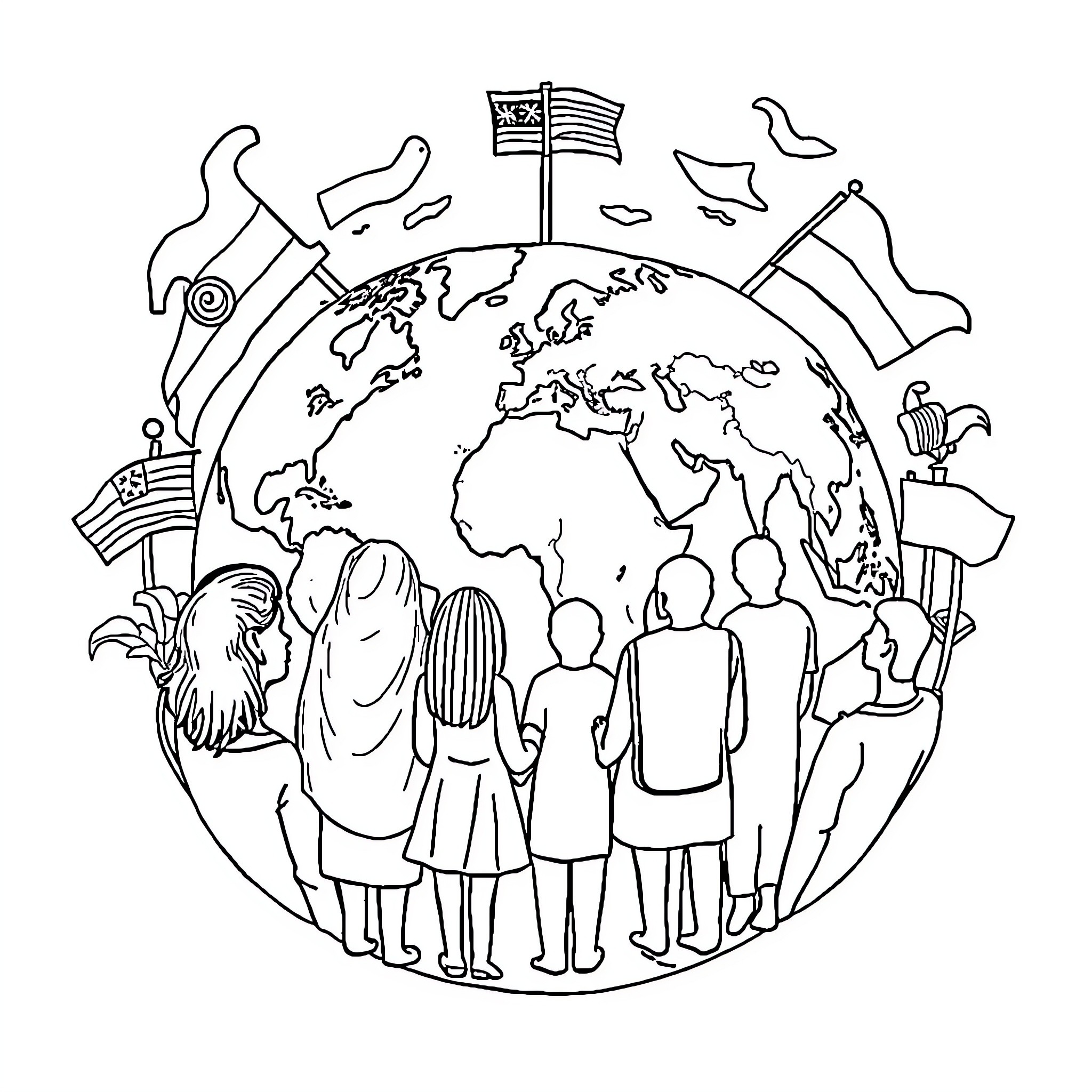 Peace for a diverse and united world Coloring Page (free black-and-white line drawing printable PDF for all, from beginners to advanced learners, including children, teens, adults, and seniors)