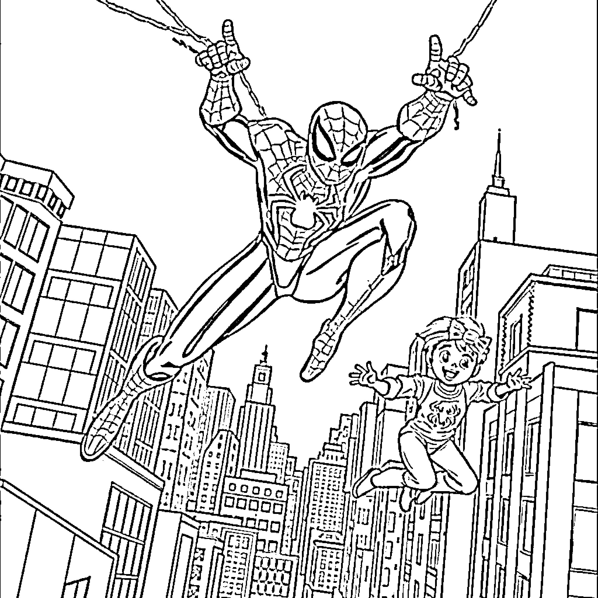 Spiderman swinging through the city skyline Coloring Page (free black-and-white line drawing printable PDF for all, from beginners to advanced learners, including children, teens, adults, and seniors)