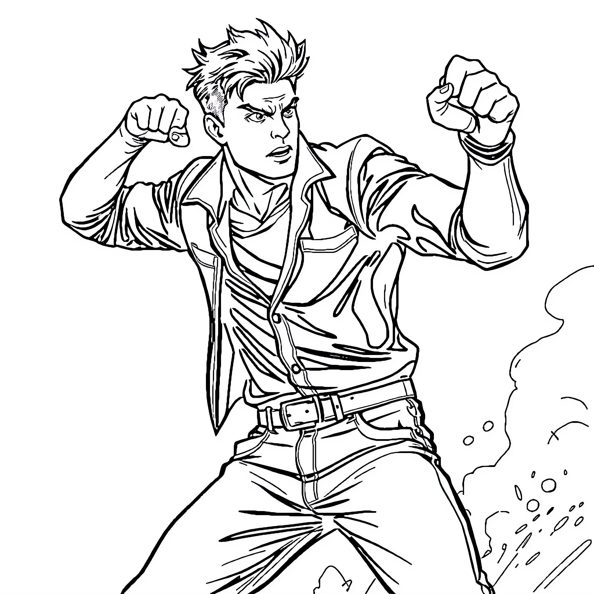 DO Determined Man Striking Powerful Pose Coloring Page (free black-and-white line drawing printable PDF for all, from beginners to advanced learners, including children, teens, adults, and seniors)