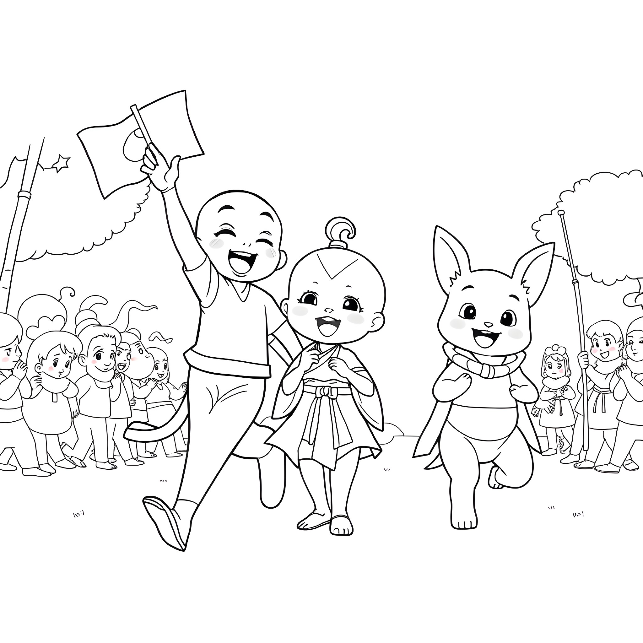 Tien Shinhan leading a cheerful parade with friends Coloring Page (free black-and-white line drawing printable PDF for all, from beginners to advanced learners, including children, teens, adults, and seniors)