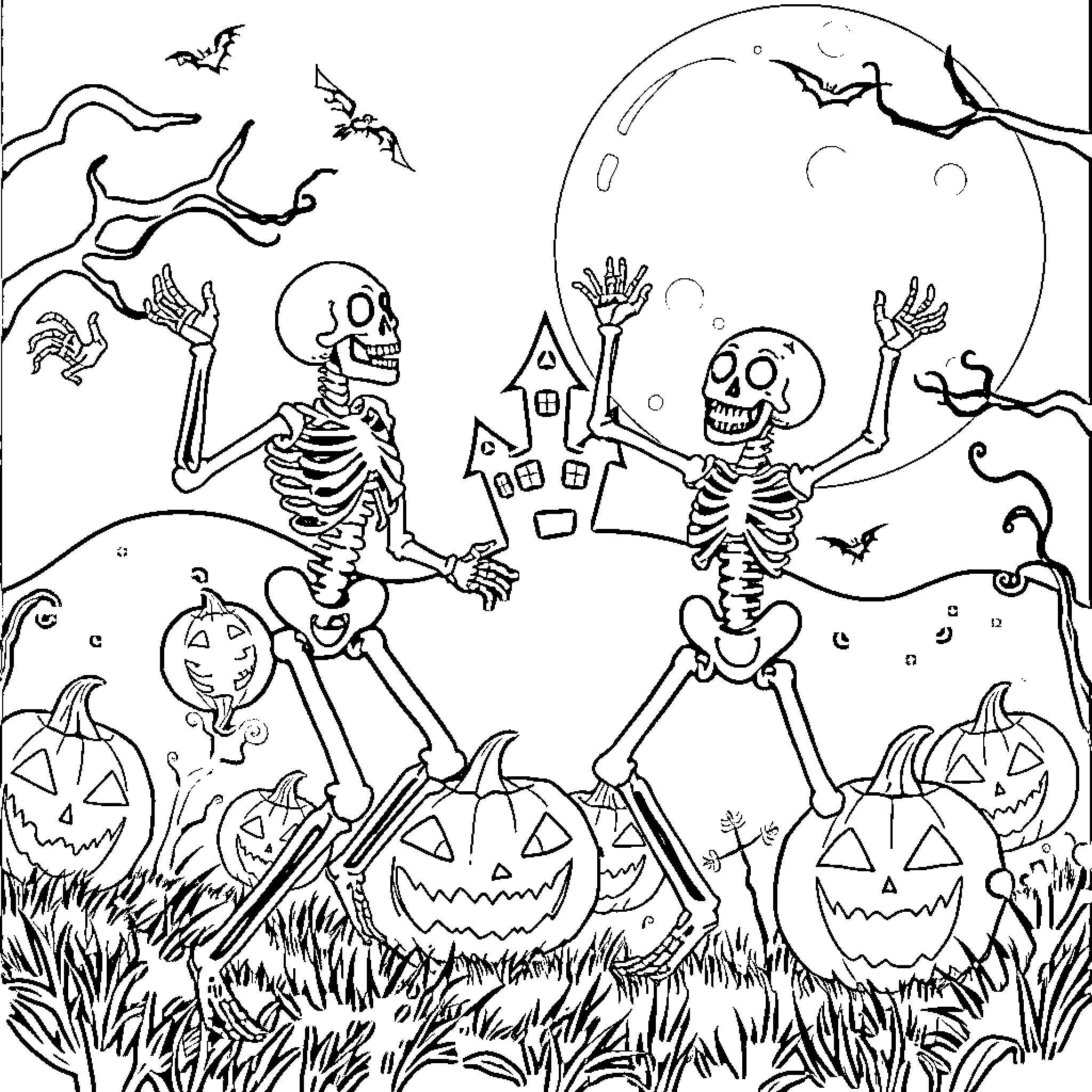 Skeleton Dancers in a Haunting Halloween Scene Coloring Page (free black-and-white line drawing printable PDF for all, from beginners to advanced learners, including children, teens, adults, and seniors)