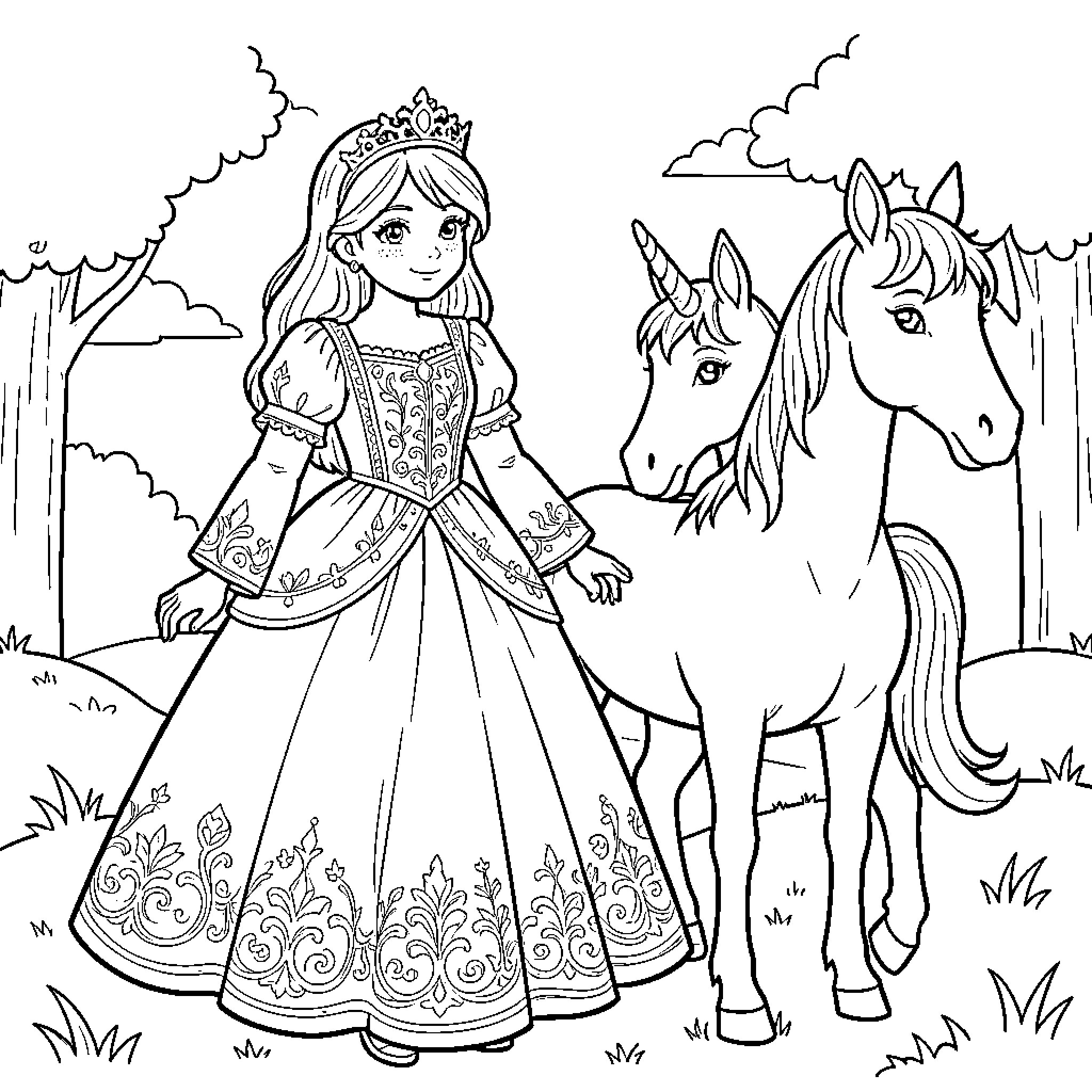 Unicorn standing beside a princess in a forest Coloring Page (free black-and-white line drawing printable PDF for all, from beginners to advanced learners, including children, teens, adults, and seniors)