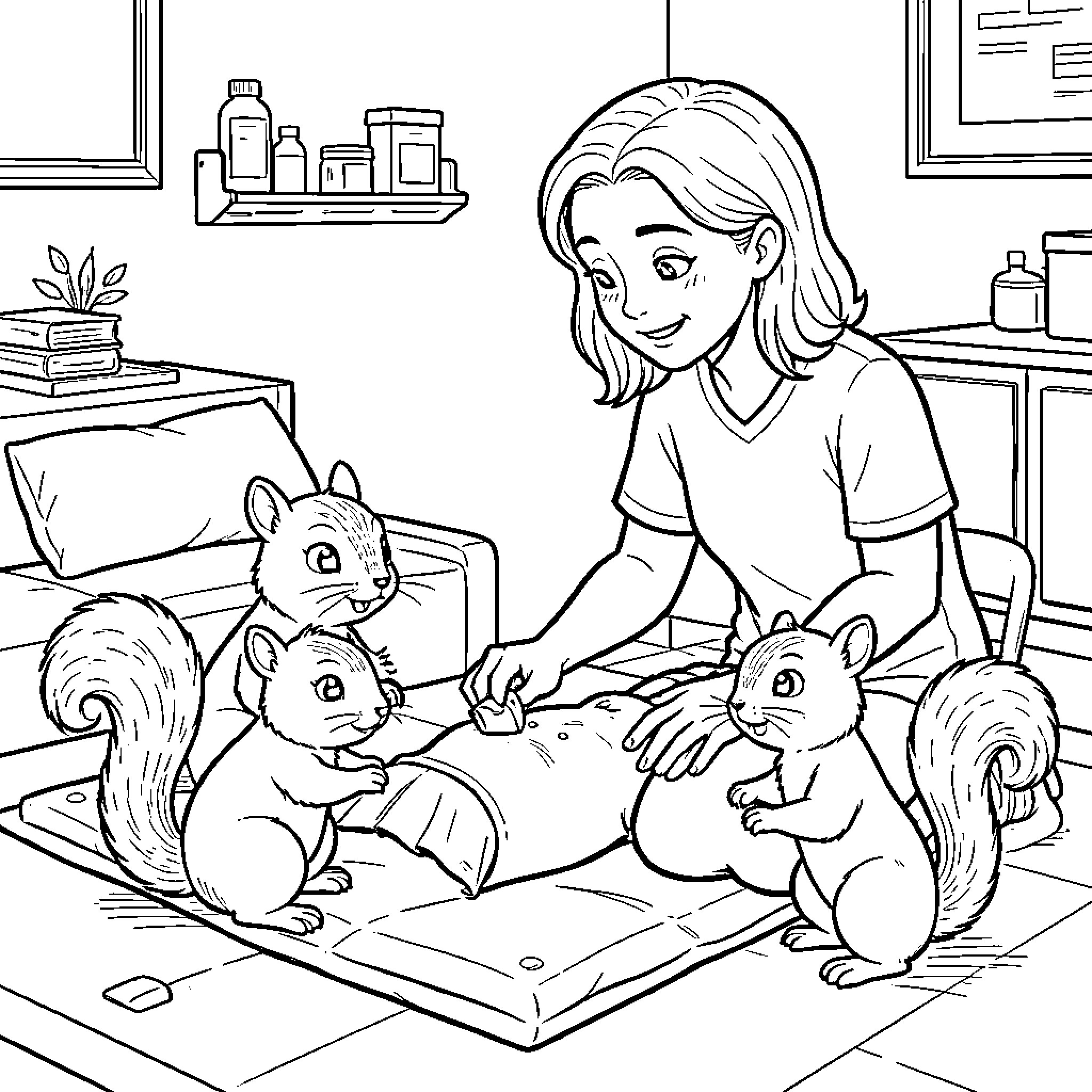 Squirrels playing with child in home Coloring Page (free black-and-white line drawing printable PDF for all, from beginners to advanced learners, including children, teens, adults, and seniors)