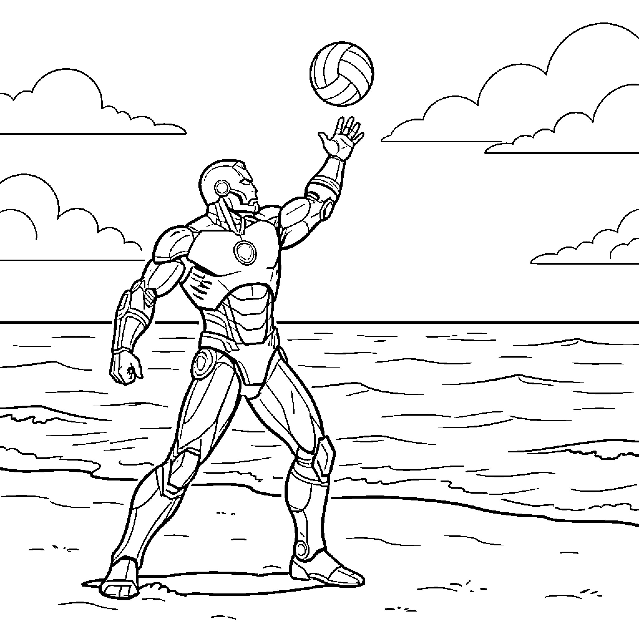 Ironman playing volleyball on a sunny beach Coloring Page (free black-and-white line drawing printable PDF for all, from beginners to advanced learners, including children, teens, adults, and seniors)