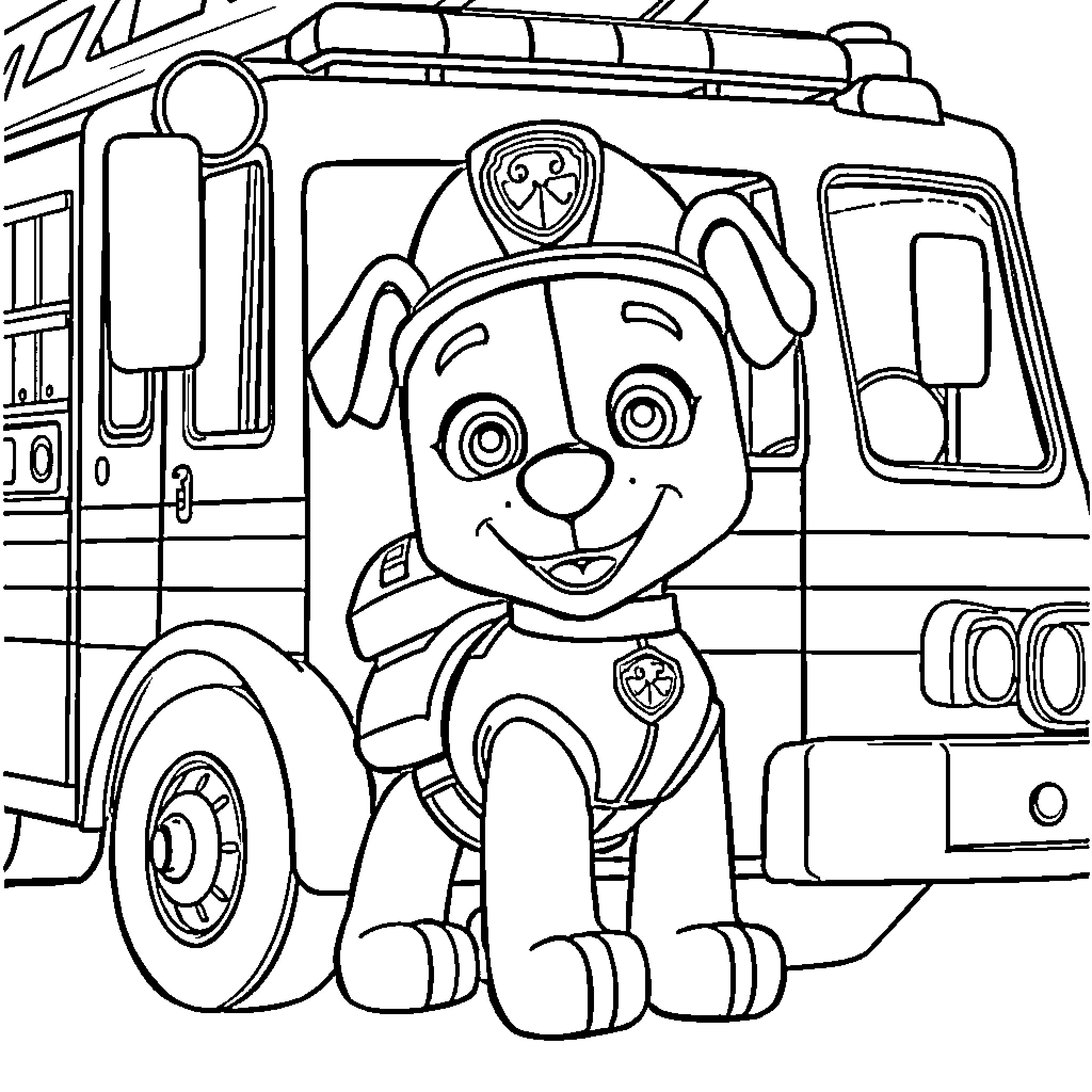 Marshall and his Paw Patrol Fire Truck Coloring Page (free black-and-white line drawing printable PDF for all, from beginners to advanced learners, including children, teens, adults, and seniors)