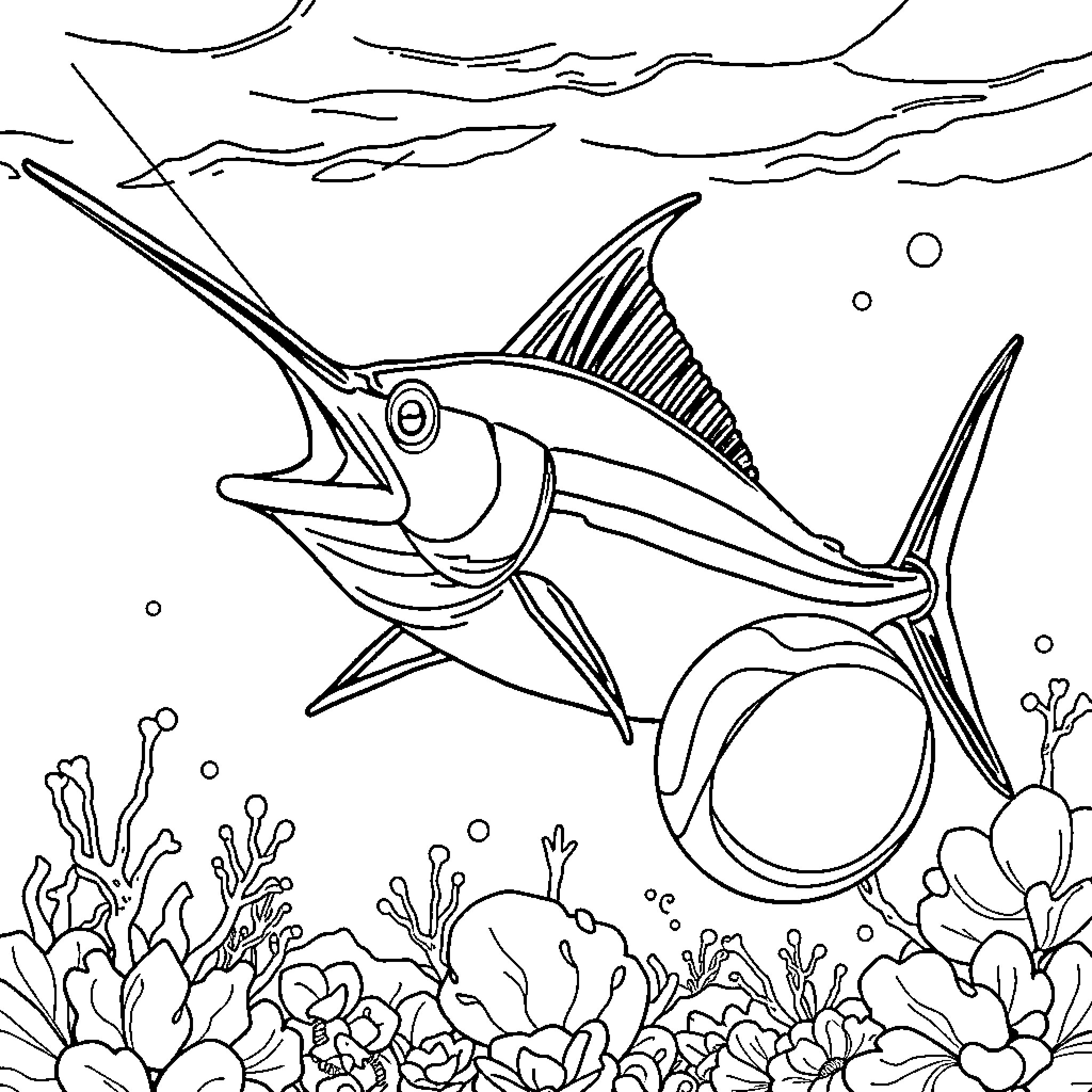 Marlin swimming gracefully through the underwater scene Coloring Page (free black-and-white line drawing printable PDF for all, from beginners to advanced learners, including children, teens, adults, and seniors)