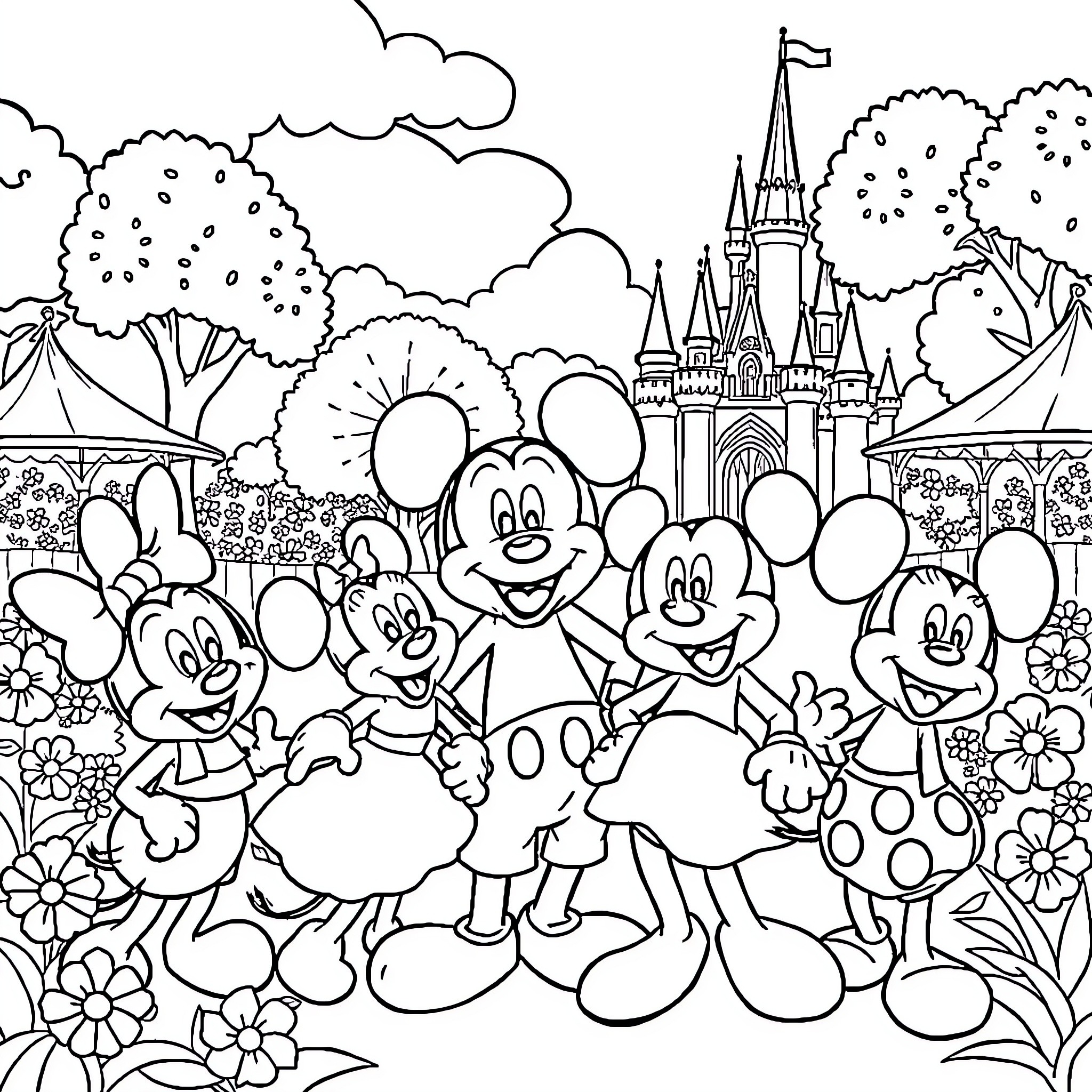 Disney Characters Celebrating in Whimsical Landscape Coloring Page (free black-and-white line drawing printable PDF for all, from beginners to advanced learners, including children, teens, adults, and seniors)