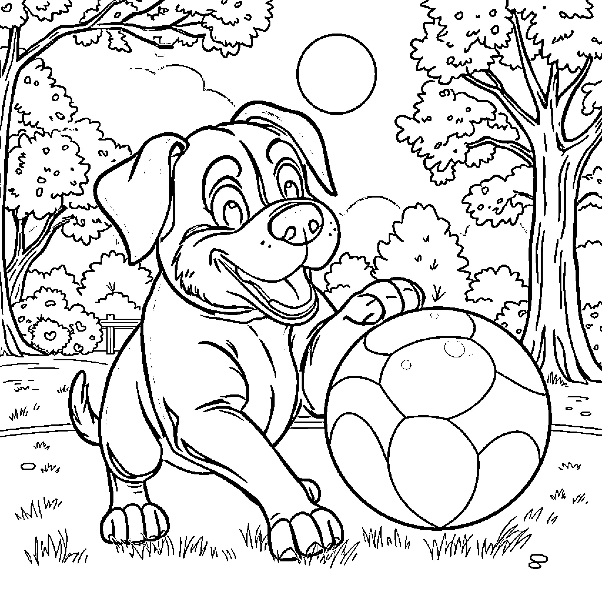 Rottweiler playing with ball in nature Coloring Page (free black-and-white line drawing printable PDF for all, from beginners to advanced learners, including children, teens, adults, and seniors)