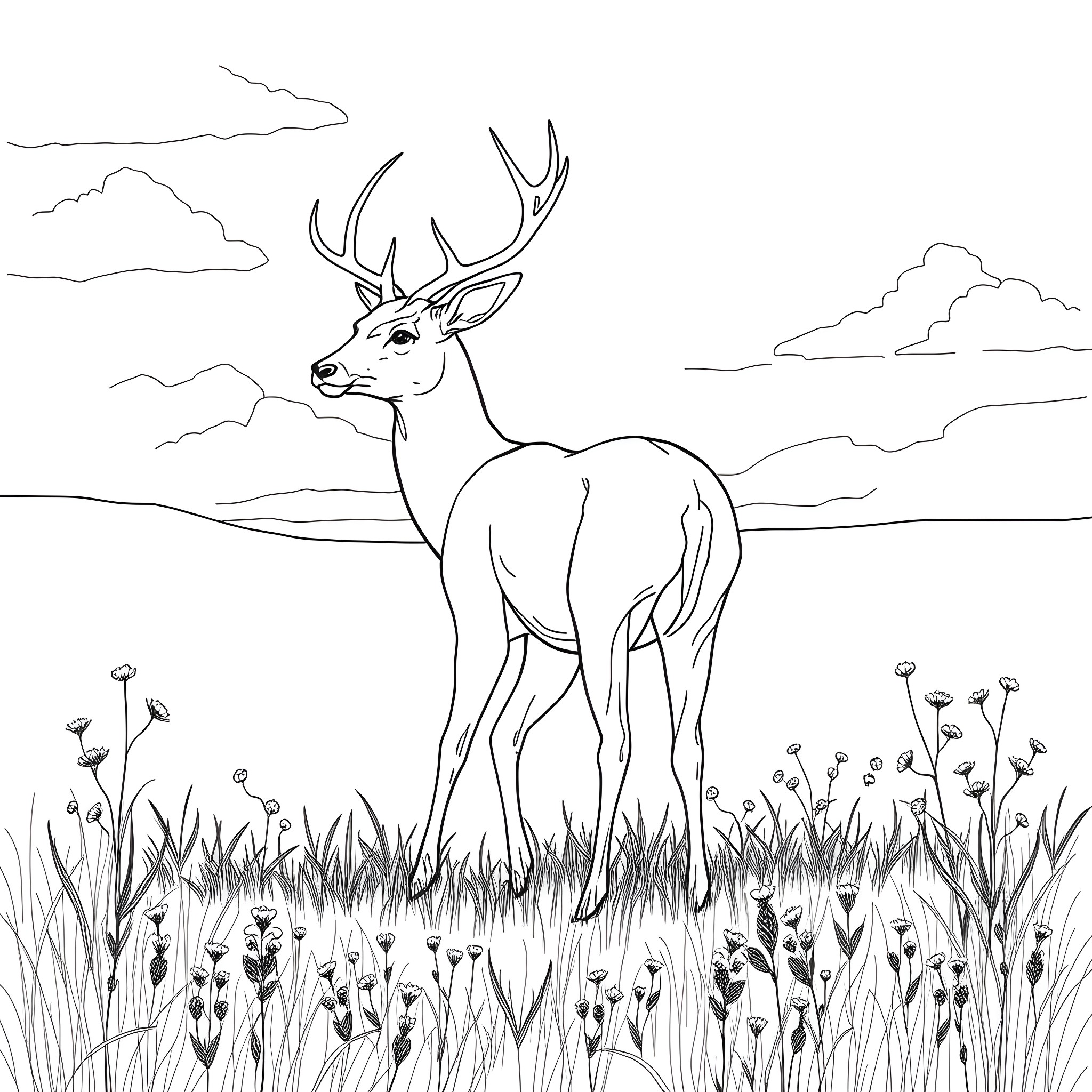 Deer standing calmly in a field with wildflowers Coloring Page (free black-and-white line drawing printable PDF for all, from beginners to advanced learners, including children, teens, adults, and seniors)