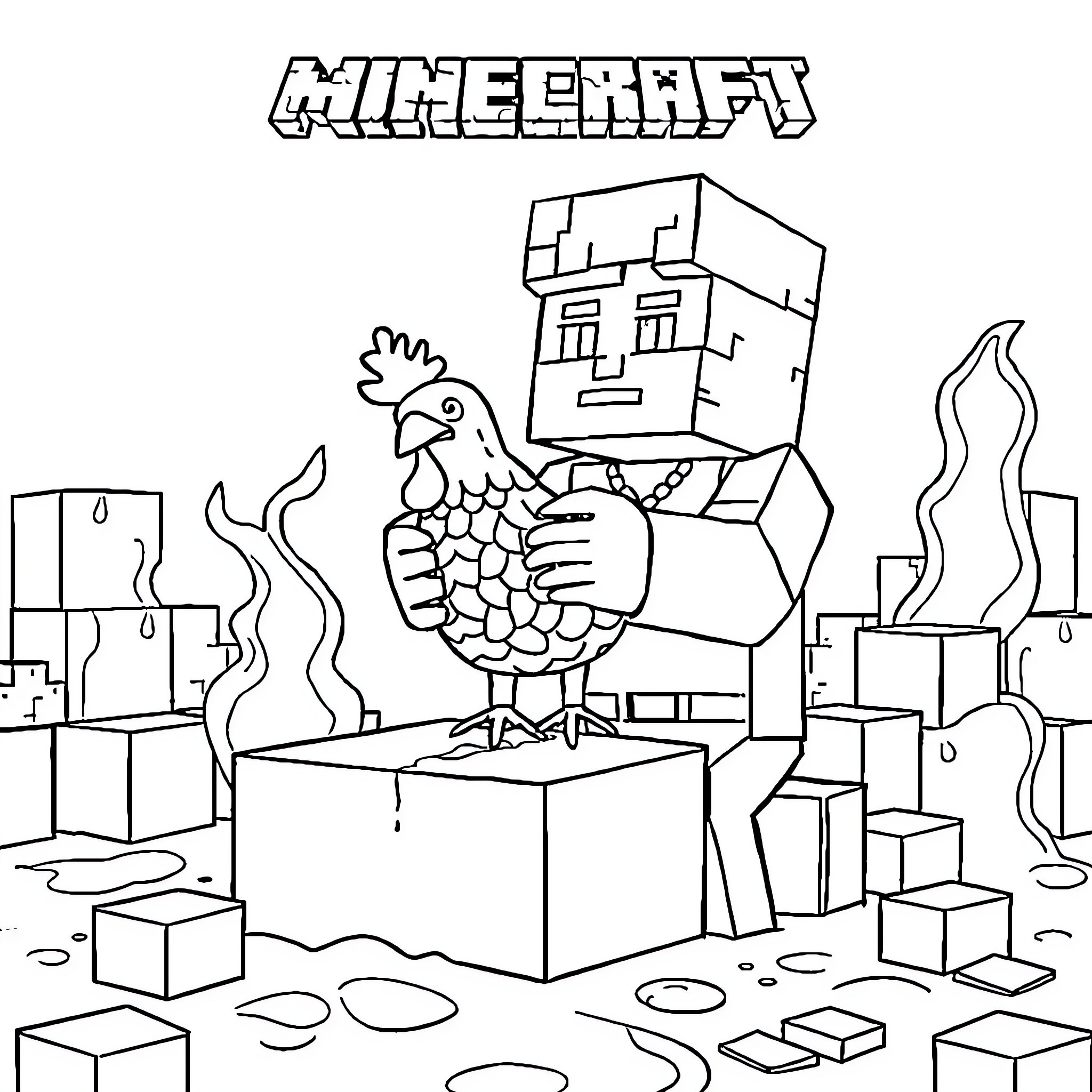 Chicken character in Minecraft-themed scene Coloring Page (free black-and-white line drawing printable PDF for all, from beginners to advanced learners, including children, teens, adults, and seniors)