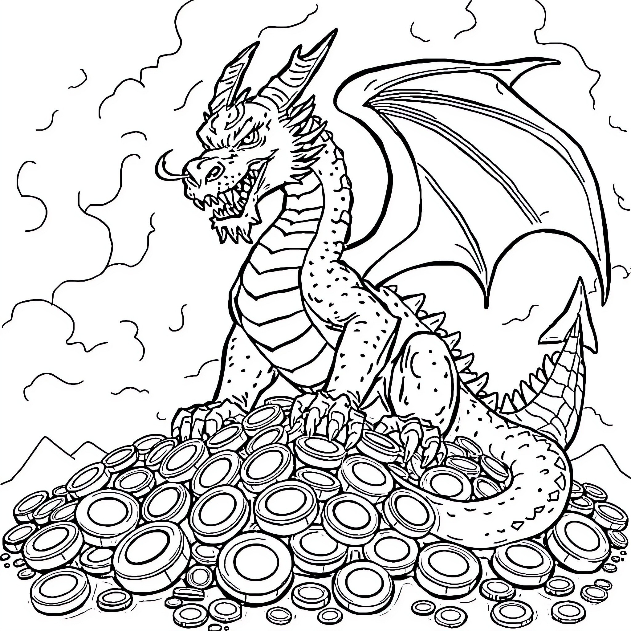 Dragon guarding a hoard of treasure Coloring Page (free black-and-white line drawing printable PDF for all, from beginners to advanced learners, including children, teens, adults, and seniors)