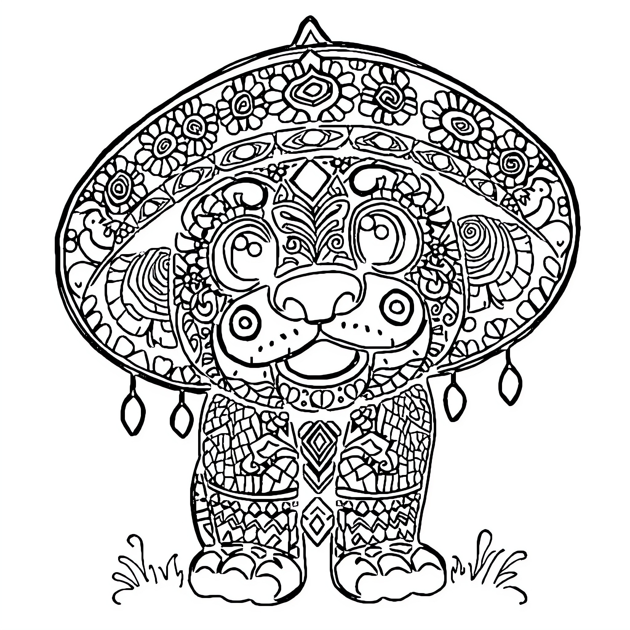Ganyo's Ornate Sombrero Creature Coloring Page (free black-and-white line drawing printable PDF for all, from beginners to advanced learners, including children, teens, adults, and seniors)