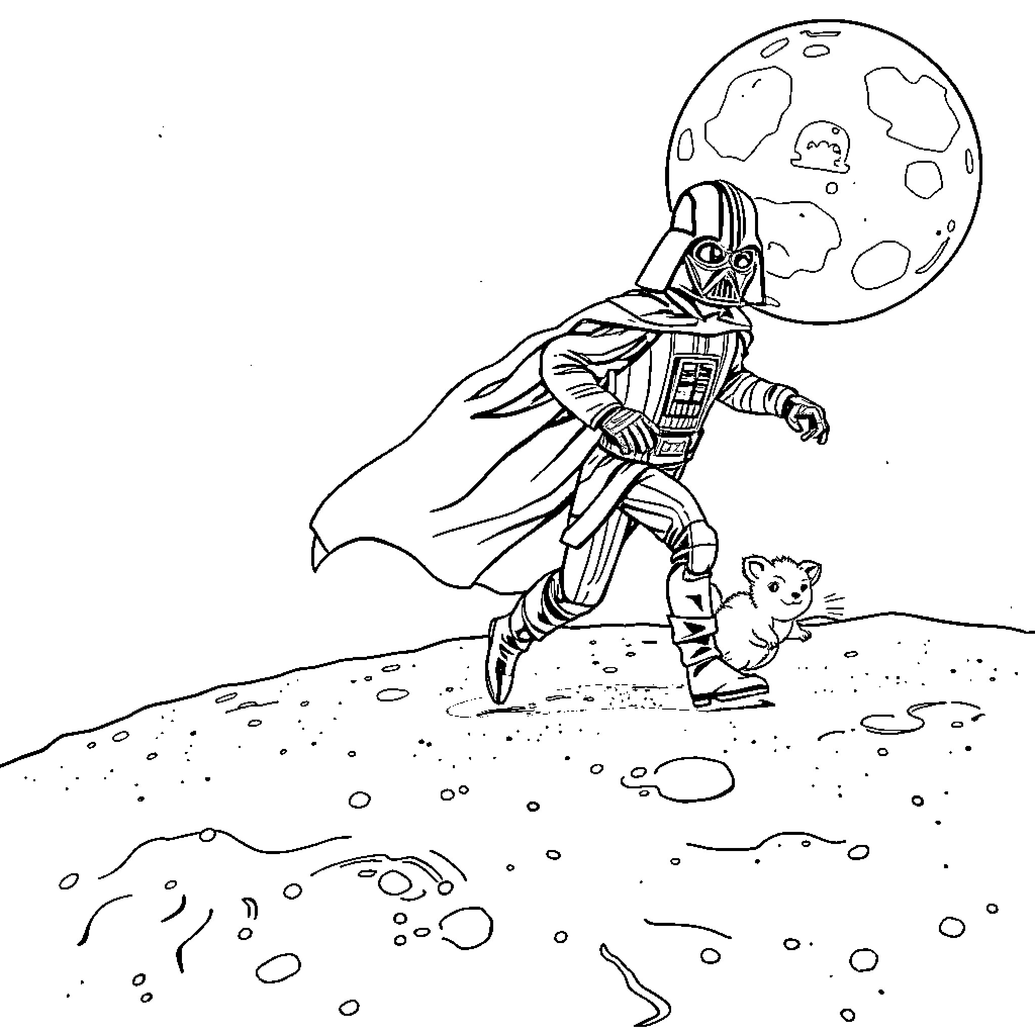 Earth Vader Conquering the Lunar Landscape Coloring Page (free black-and-white line drawing printable PDF for all, from beginners to advanced learners, including children, teens, adults, and seniors)