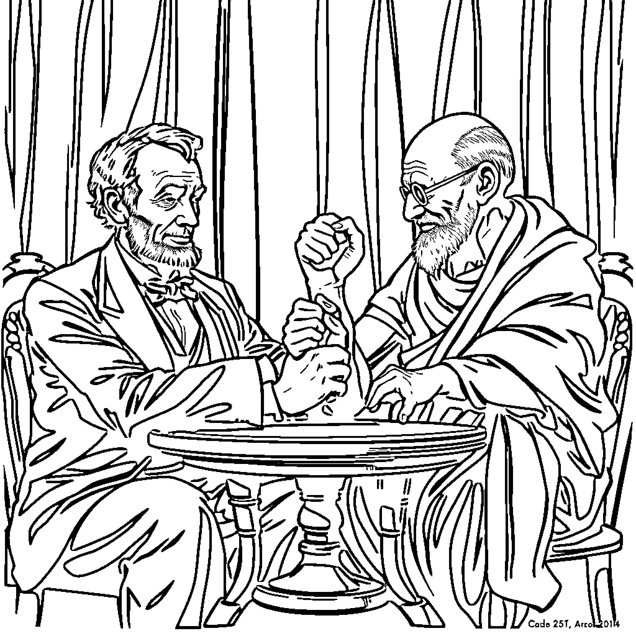 Abraham Lincoln and Charles Darwin in Conversation Coloring Page (free black-and-white line drawing printable PDF for all, from beginners to advanced learners, including children, teens, adults, and seniors)