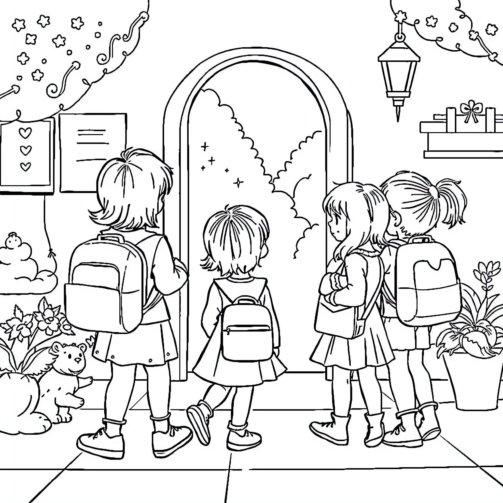 Back to School Group of Students Entering School Coloring Page (free black-and-white line drawing printable PDF for all, from beginners to advanced learners, including children, teens, adults, and seniors)