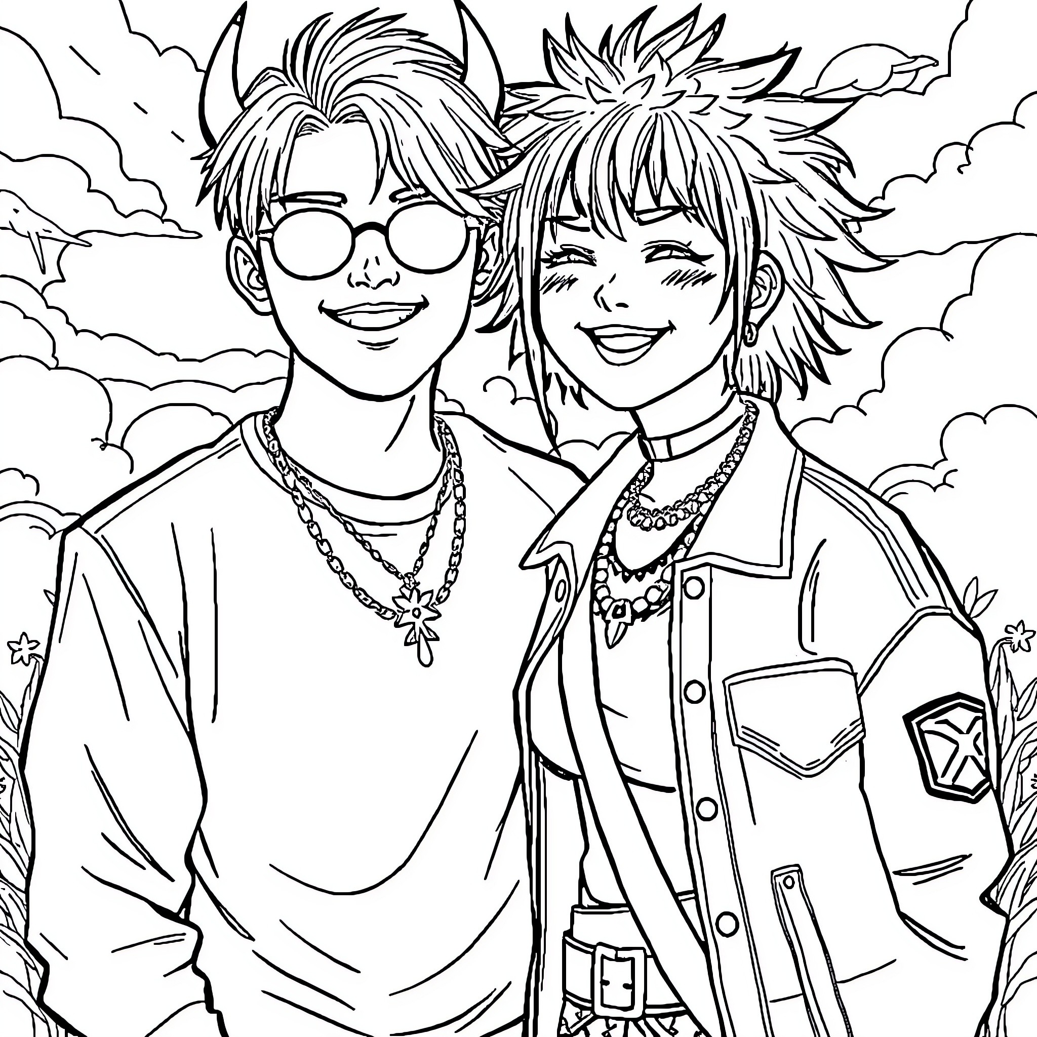 Rumi - Two friends in stylish outfits Coloring Page (free black-and-white line drawing printable PDF for all, from beginners to advanced learners, including children, teens, adults, and seniors)