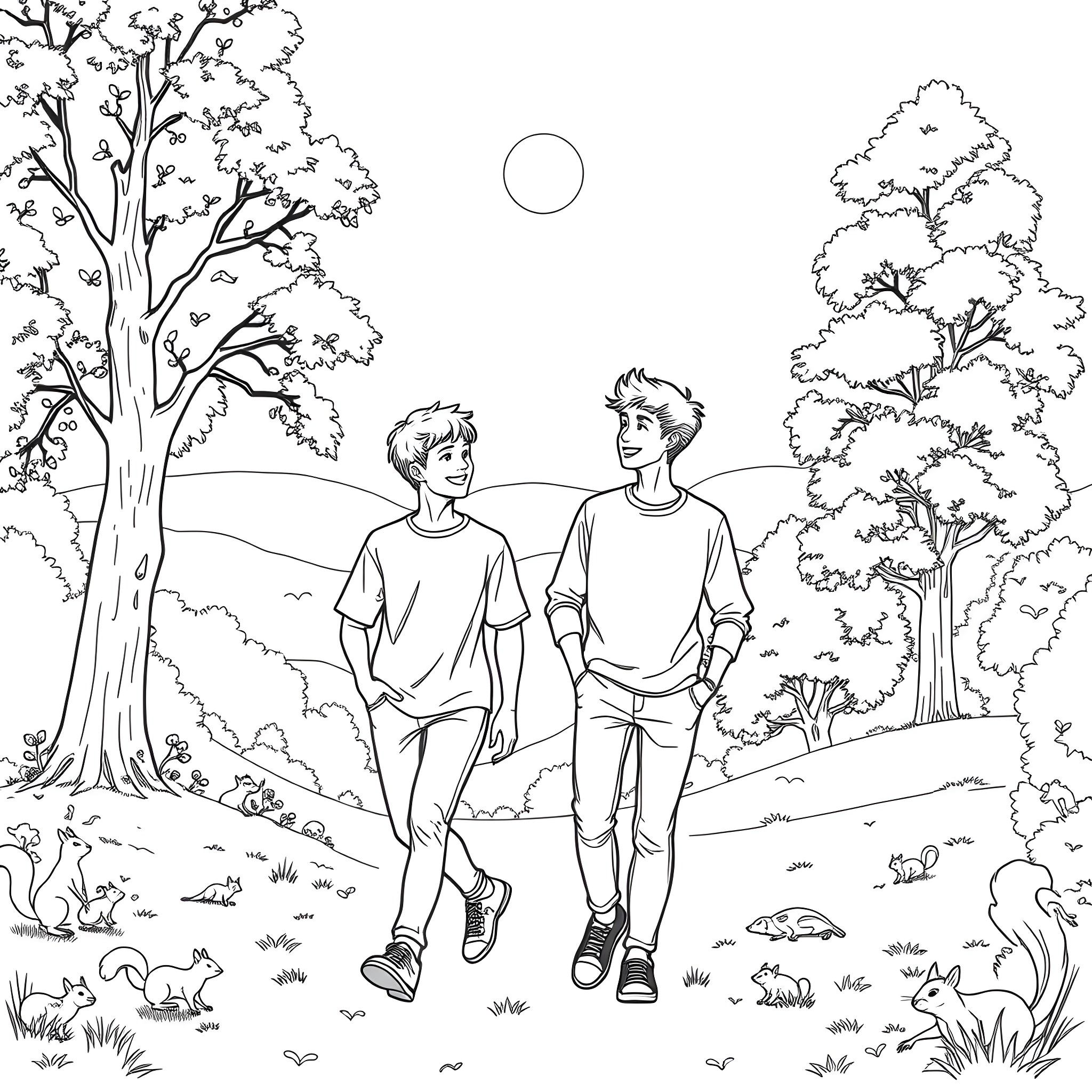 Teen Guys Enjoying a Peaceful Nature Walk Coloring Page (free black-and-white line drawing printable PDF for all, from beginners to advanced learners, including children, teens, adults, and seniors)
