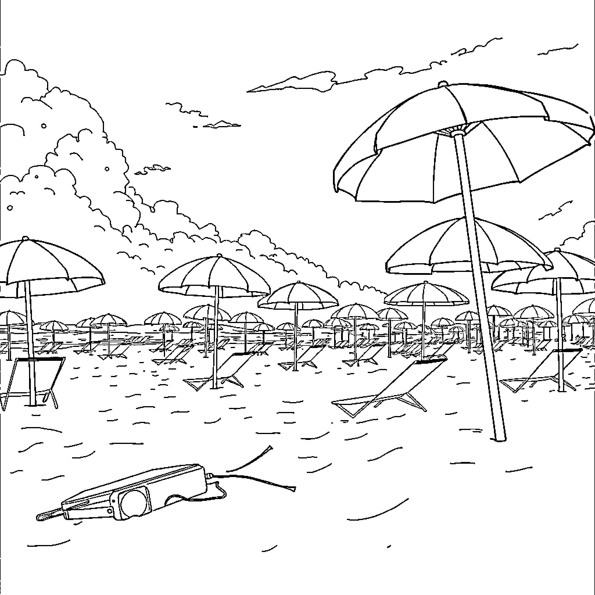 K Pop Scene of Beachgoers Under Umbrellas Coloring Page (free black-and-white line drawing printable PDF for all, from beginners to advanced learners, including children, teens, adults, and seniors)