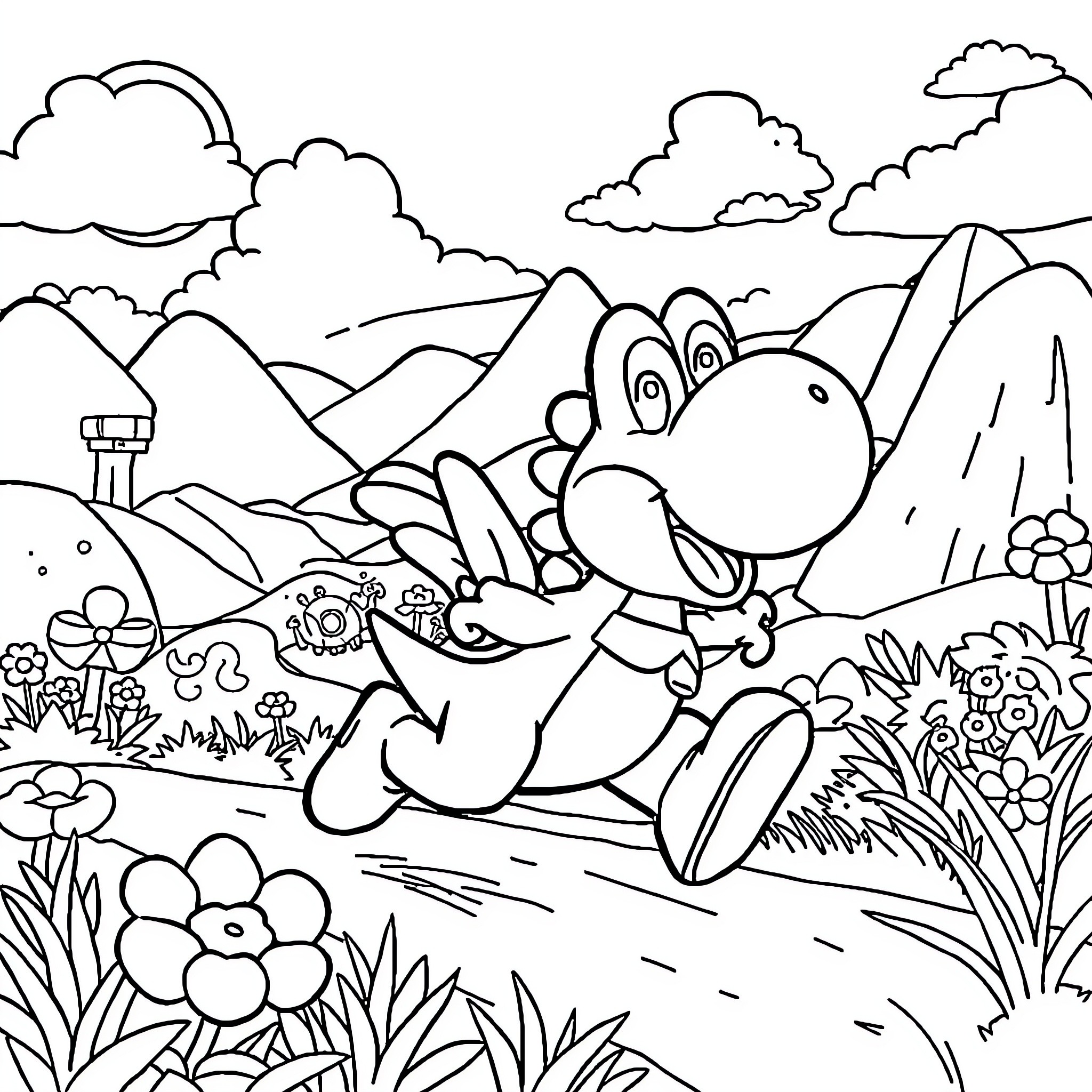 Birdo exploring a vibrant natural landscape Coloring Page (free black-and-white line drawing printable PDF for all, from beginners to advanced learners, including children, teens, adults, and seniors)