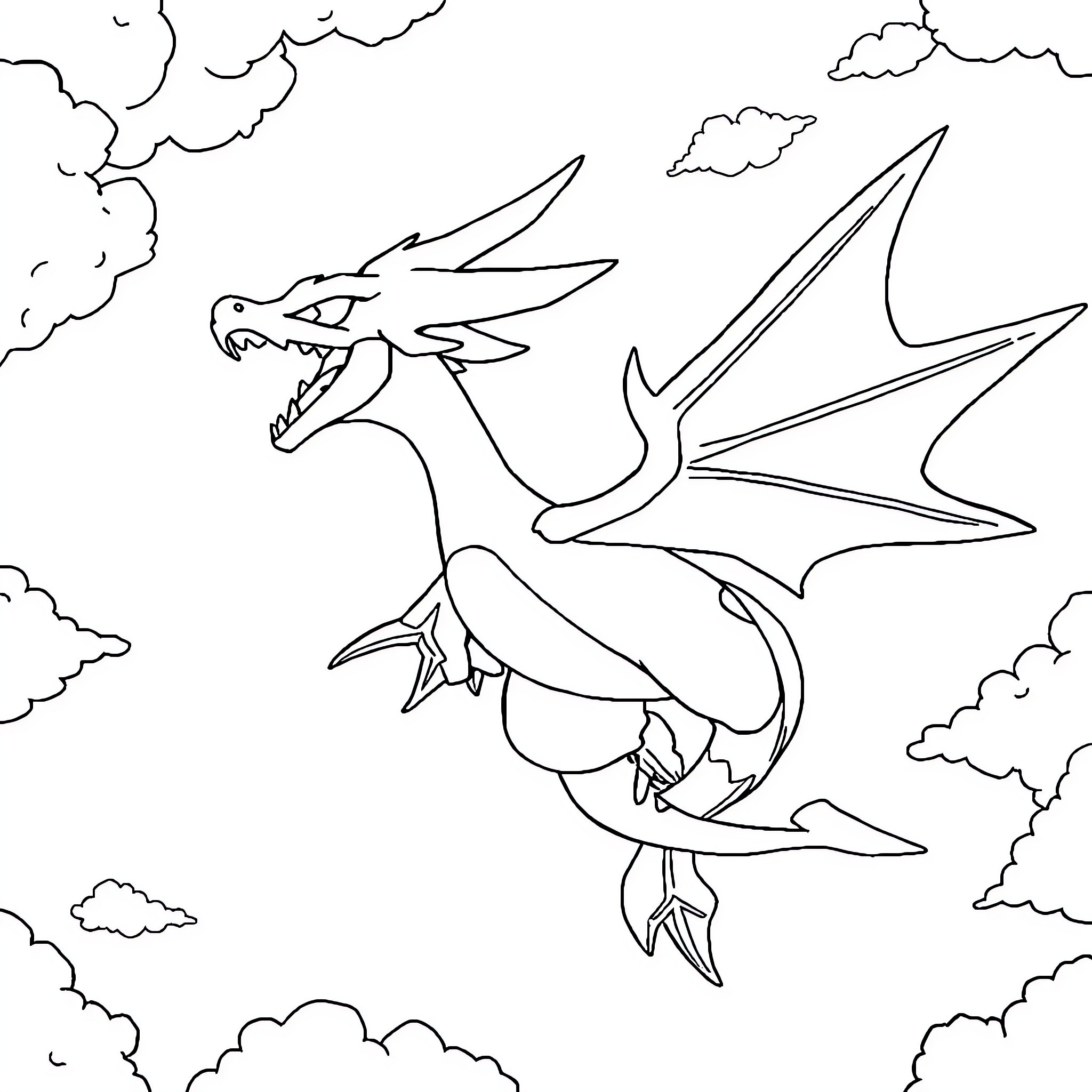 Rayquaza soaring through the cloudy skies Coloring Page (free black-and-white line drawing printable PDF for all, from beginners to advanced learners, including children, teens, adults, and seniors)