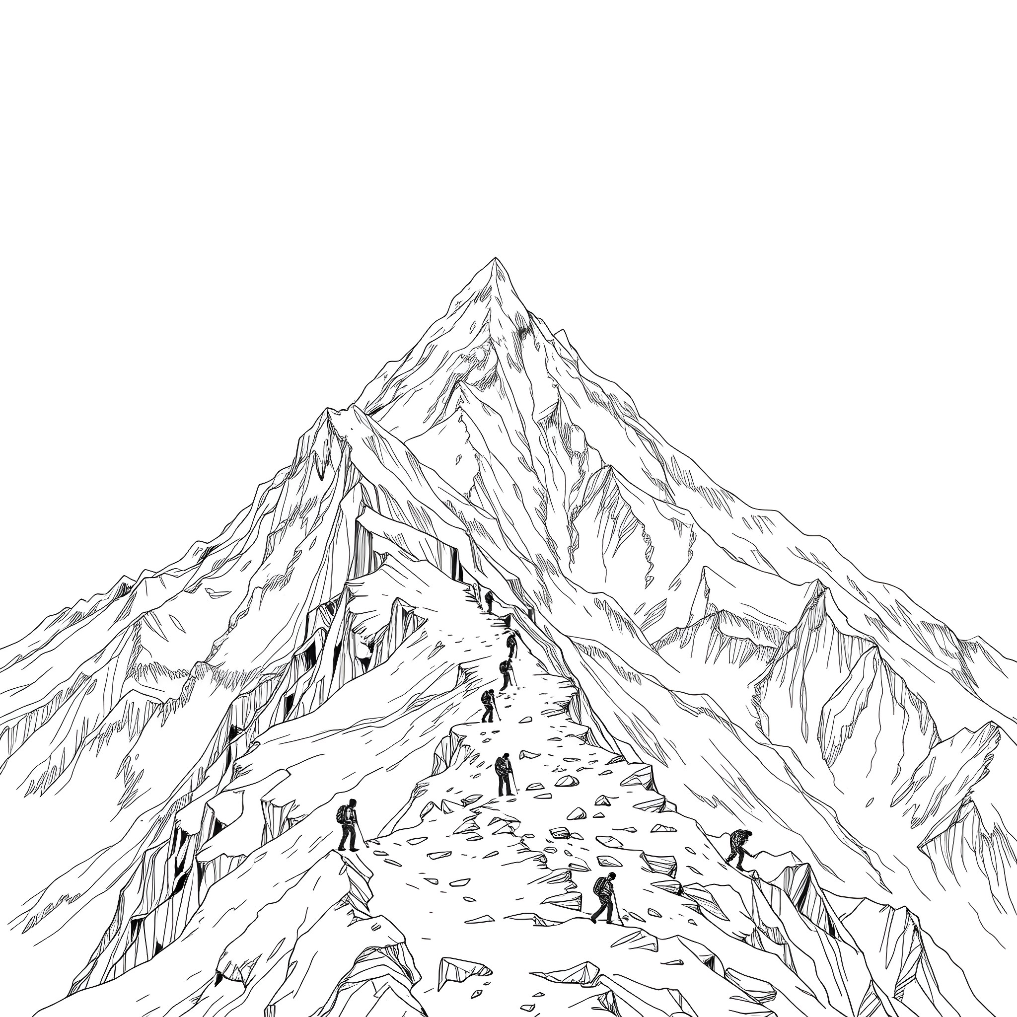 Everest Climbers Ascending Rugged Mountain Peak Coloring Page (free black-and-white line drawing printable PDF for all, from beginners to advanced learners, including children, teens, adults, and seniors)