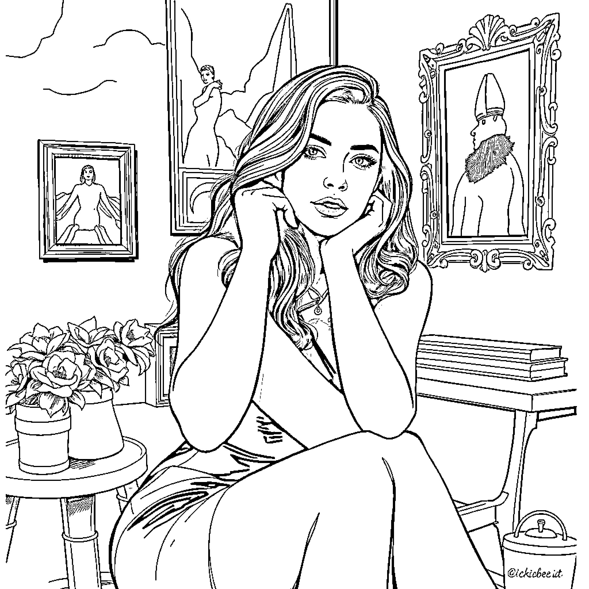 Kat Dennings in Thoughtful Contemplation Coloring Page (free black-and-white line drawing printable PDF for all, from beginners to advanced learners, including children, teens, adults, and seniors)