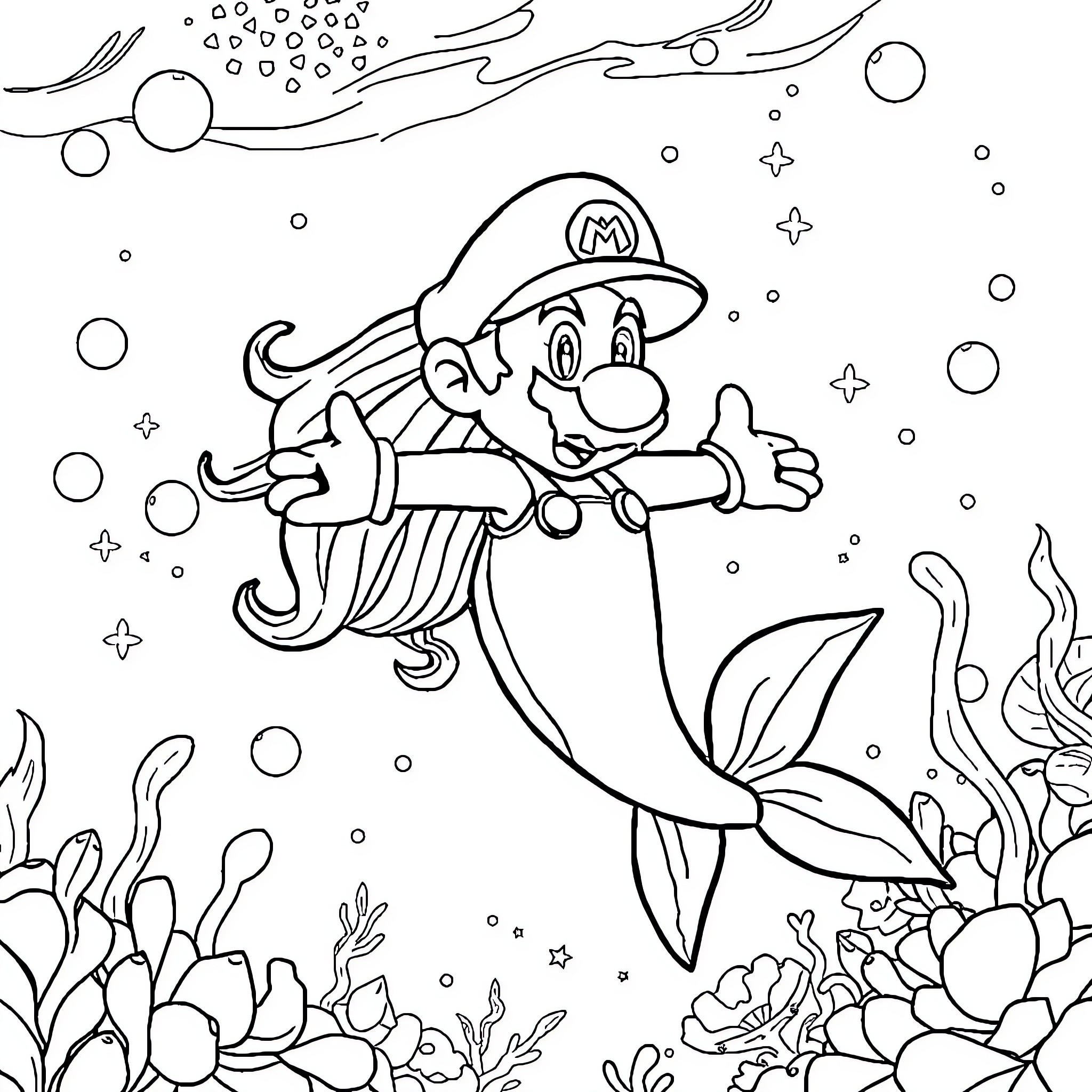 Mario's Underwater Adventure Coloring Page (free black-and-white line drawing printable PDF for all, from beginners to advanced learners, including children, teens, adults, and seniors)