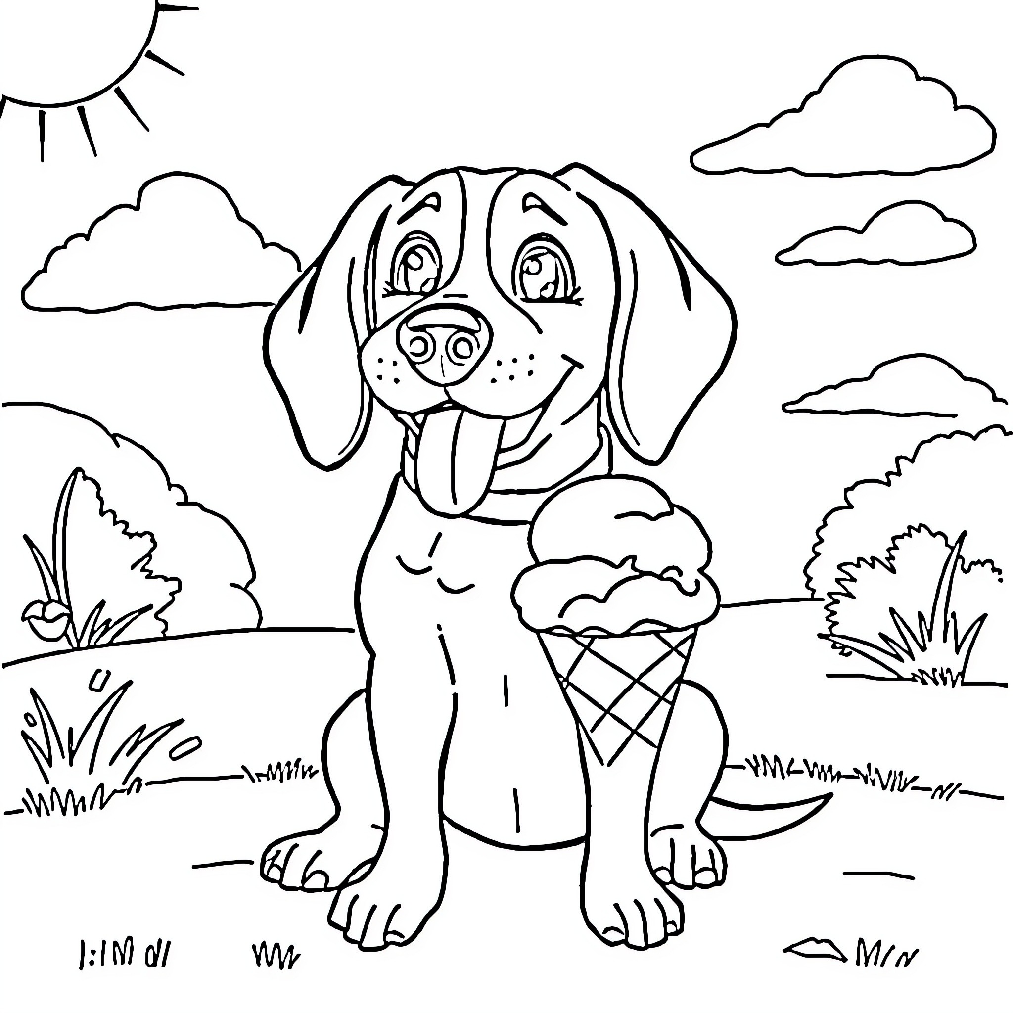 Beagle with an ice cream cone in a park Coloring Page (free black-and-white line drawing printable PDF for all, from beginners to advanced learners, including children, teens, adults, and seniors)