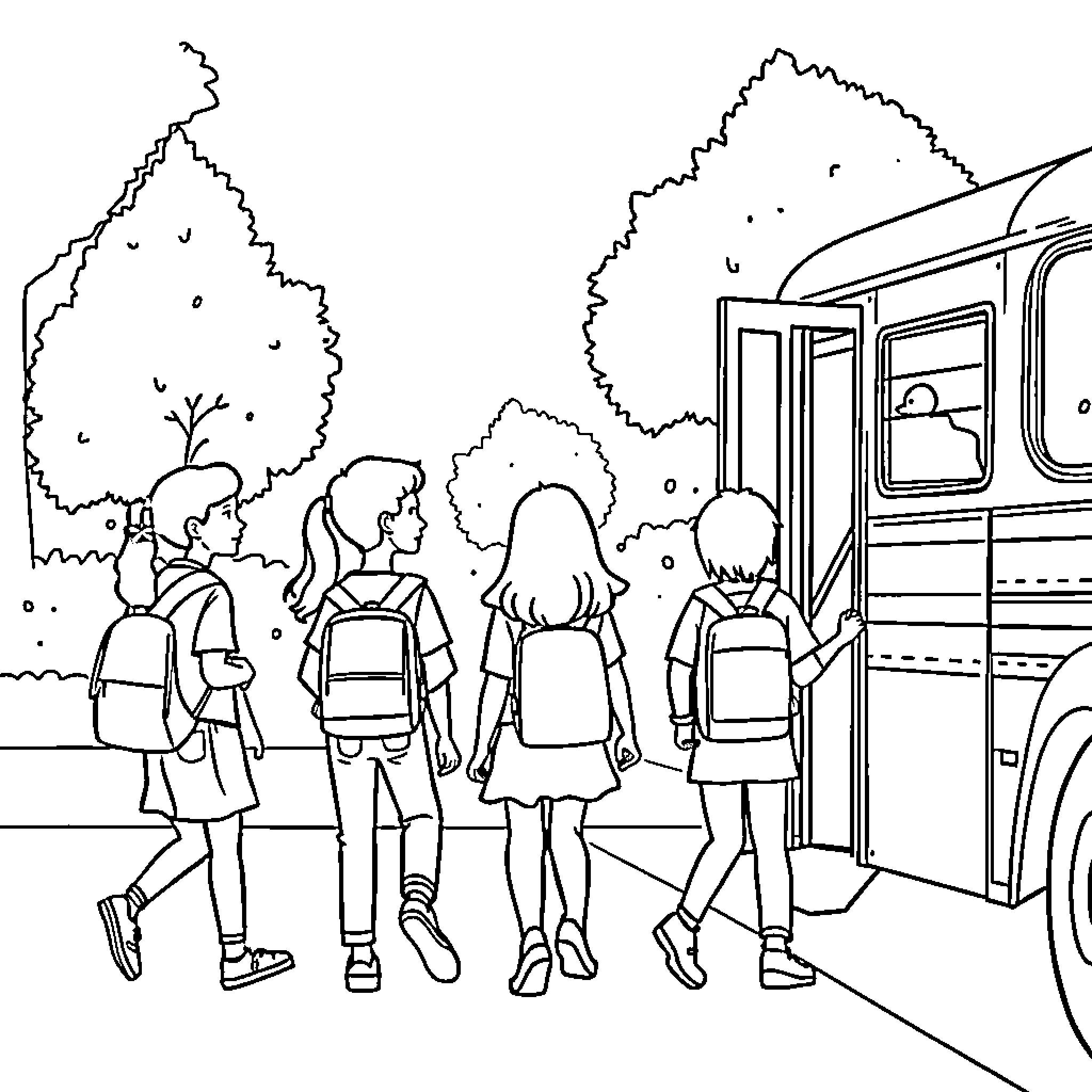 Students heading towards the bus on a field trip Coloring Page (free black-and-white line drawing printable PDF for all, from beginners to advanced learners, including children, teens, adults, and seniors)