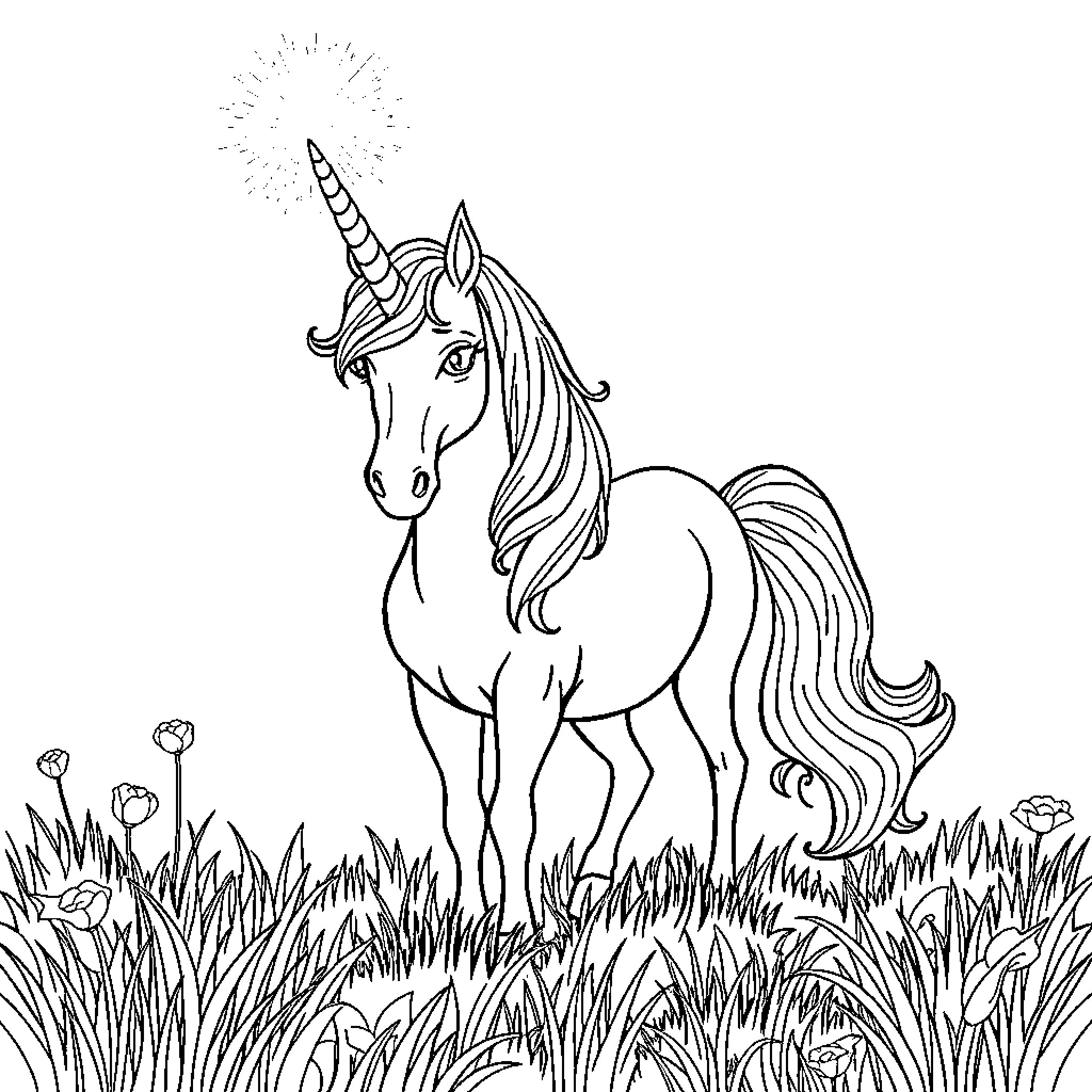 Unicorn standing majestically in a lush meadow Coloring Page (free black-and-white line drawing printable PDF for all, from beginners to advanced learners, including children, teens, adults, and seniors)