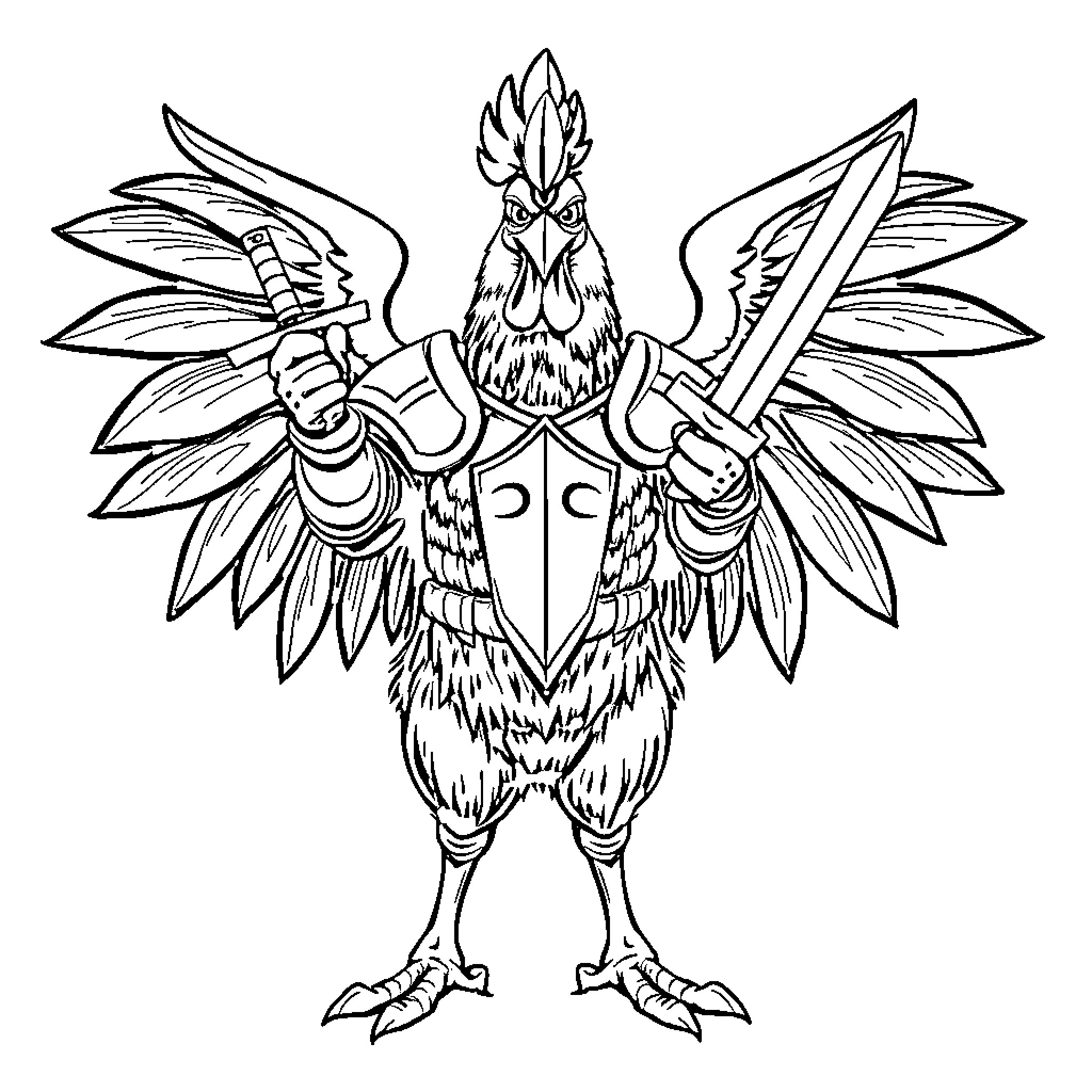Chicken wielding swords in combat stance Coloring Page (free black-and-white line drawing printable PDF for all, from beginners to advanced learners, including children, teens, adults, and seniors)