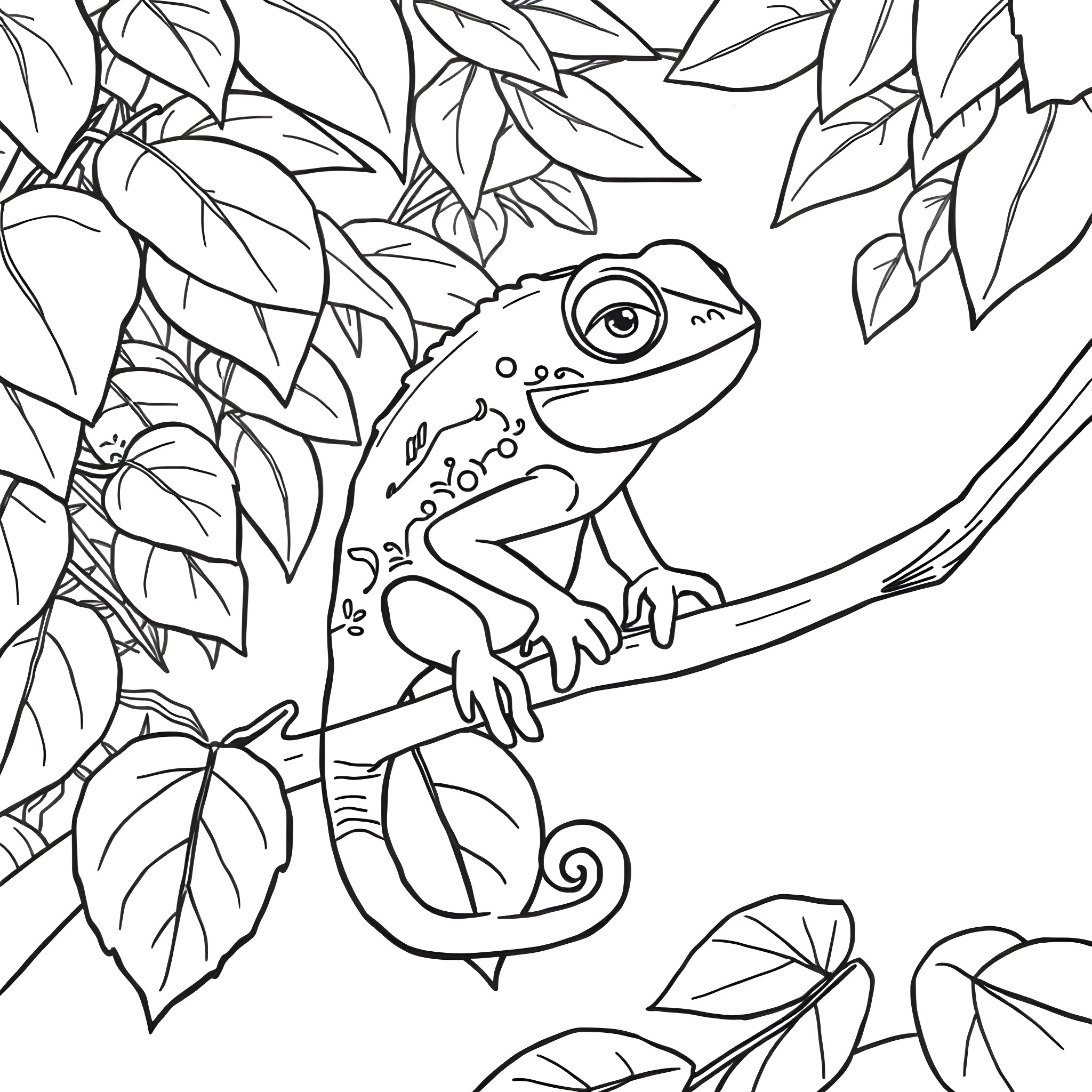 Pascal the Gecko Exploring the Leafy Jungle Coloring Page (free black-and-white line drawing printable PDF for all, from beginners to advanced learners, including children, teens, adults, and seniors)