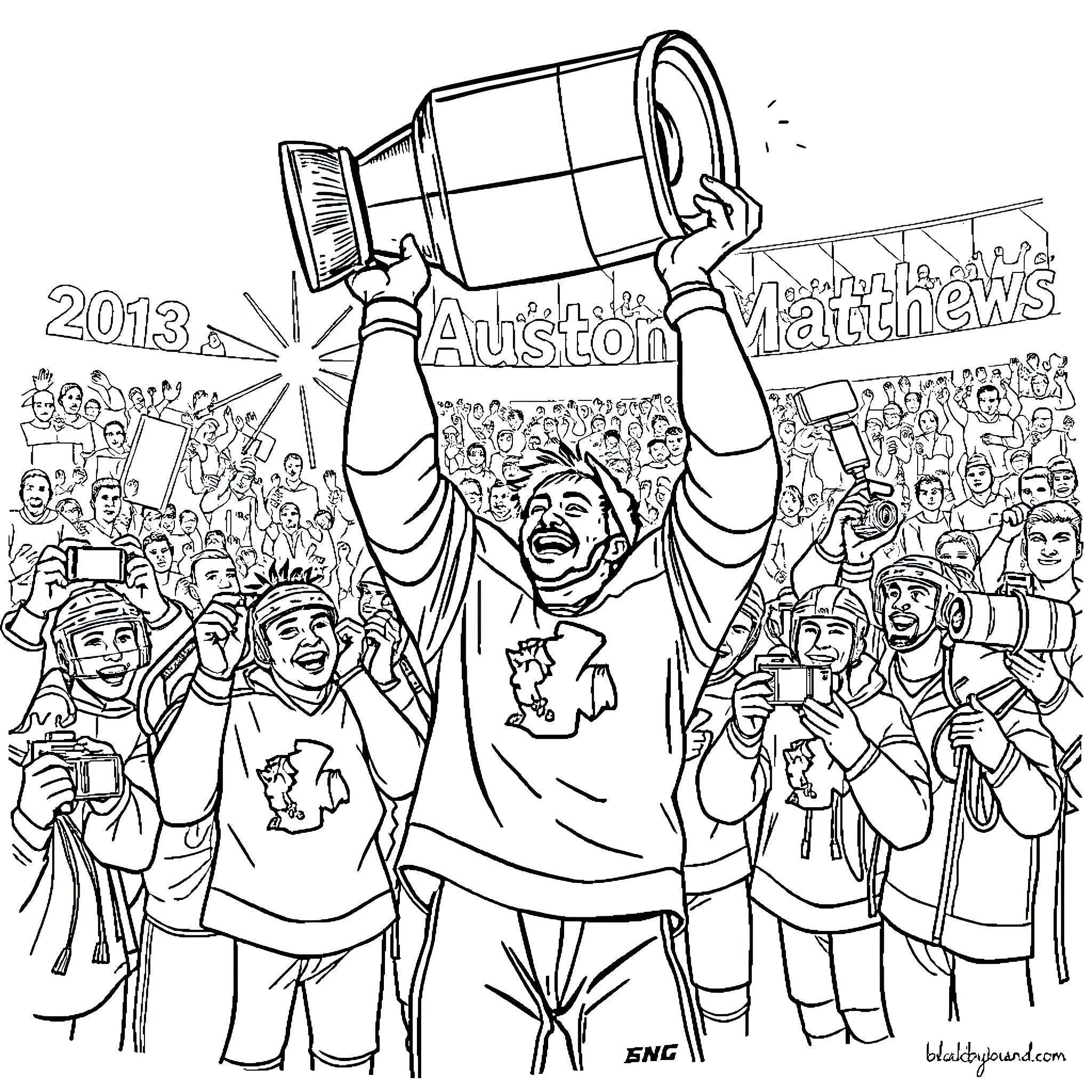 Auston Matthews Celebrates Championship Victory with Fans Coloring Page (free black-and-white line drawing printable PDF for all, from beginners to advanced learners, including children, teens, adults, and seniors)