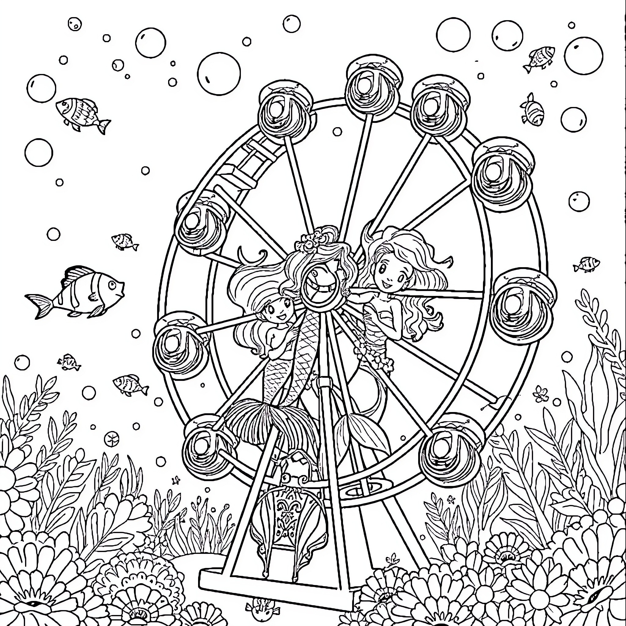 Mermaid on a Ferris Wheel in an Underwater Wonderland Coloring Page (free black-and-white line drawing printable PDF for all, from beginners to advanced learners, including children, teens, adults, and seniors)