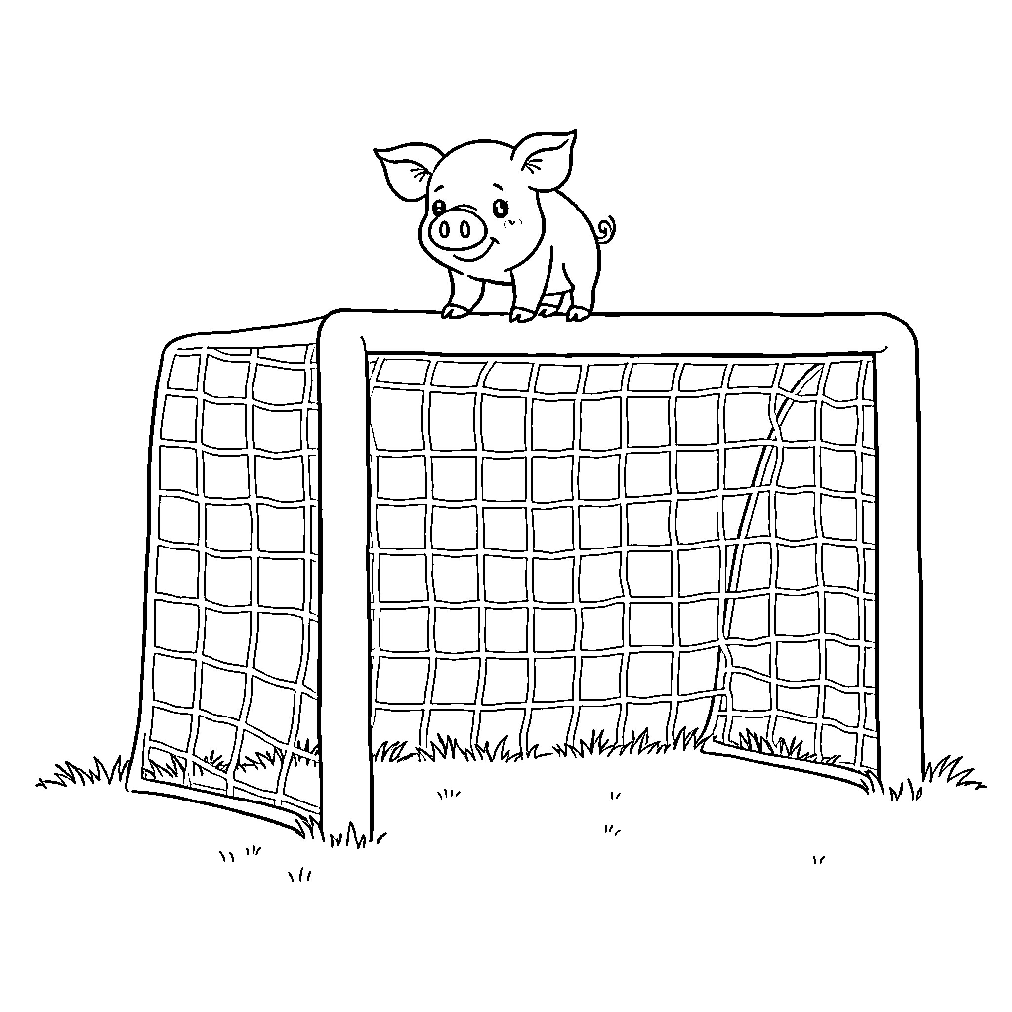 Goal: Playful Pig in Soccer Net Coloring Page (free black-and-white line drawing printable PDF for all, from beginners to advanced learners, including children, teens, adults, and seniors)