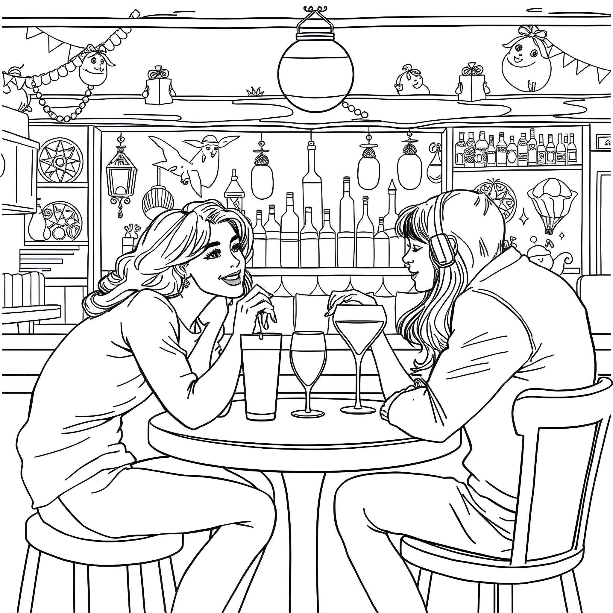 How I Met Your Mother: Two Friends Bonding Over Drinks Coloring Page (free black-and-white line drawing printable PDF for all, from beginners to advanced learners, including children, teens, adults, and seniors)