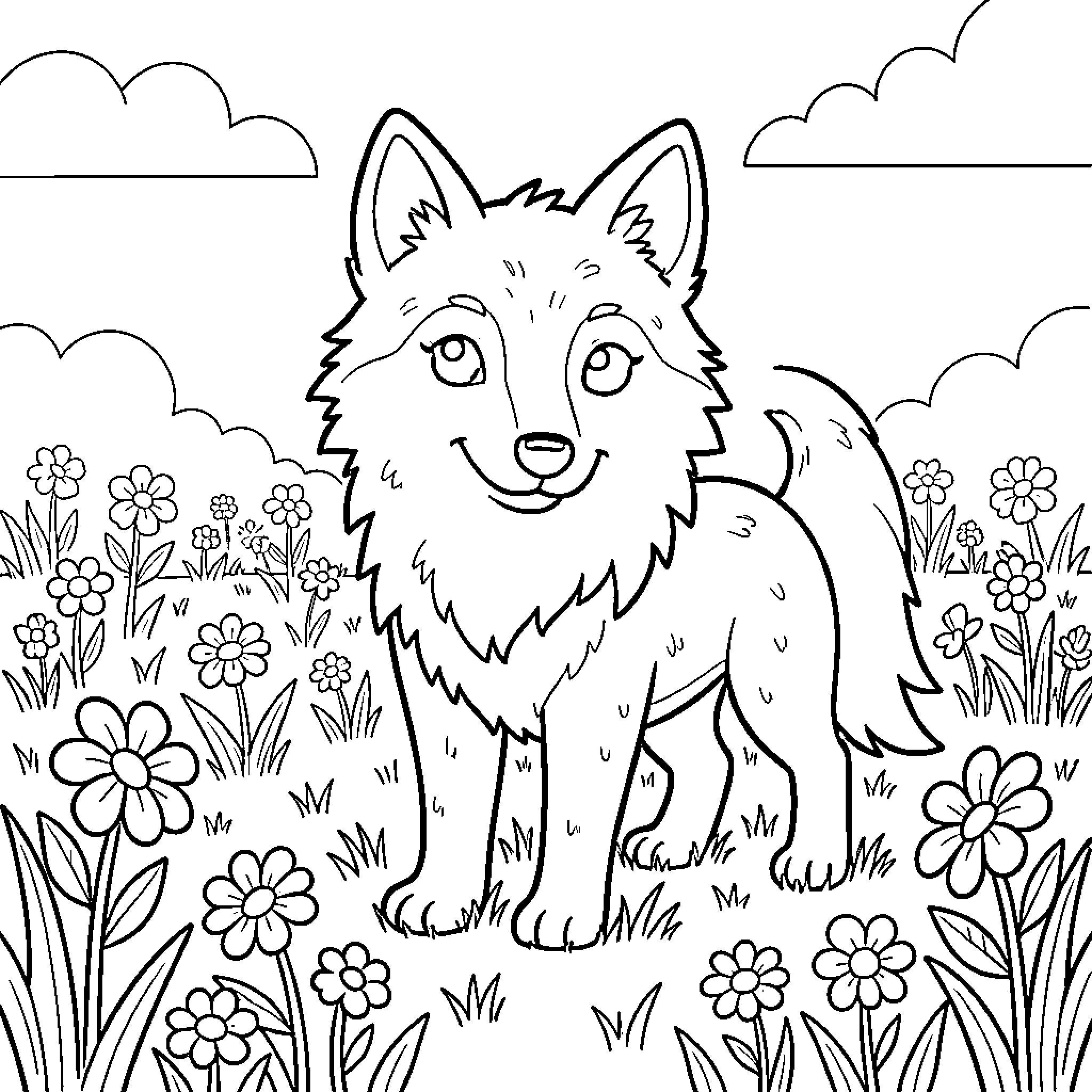 Wolf standing smiling in a field of flowers Coloring Page (free black-and-white line drawing printable PDF for all, from beginners to advanced learners, including children, teens, adults, and seniors)