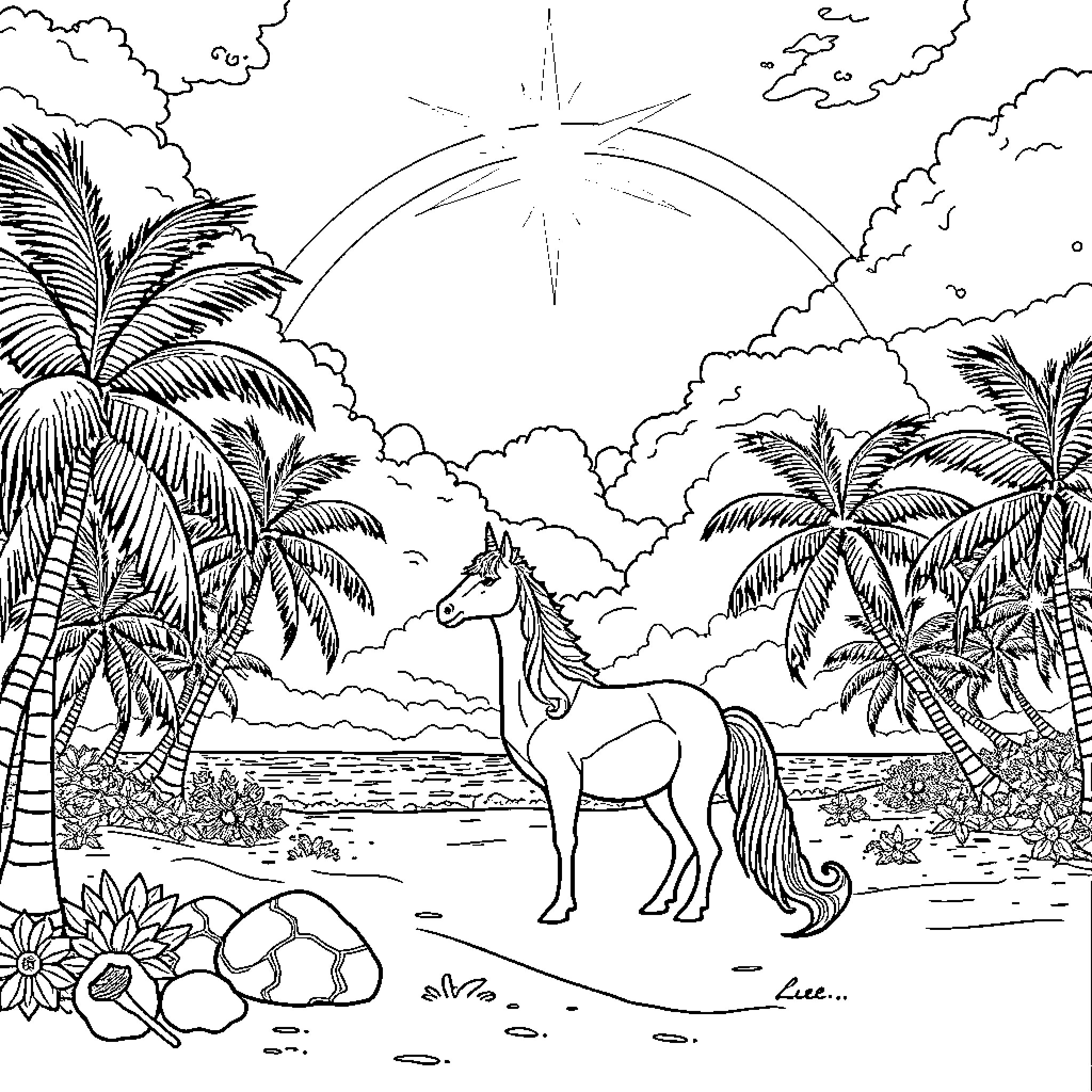 Licorne enjoying tropical paradise with palm trees Coloring Page (free black-and-white line drawing printable PDF for all, from beginners to advanced learners, including children, teens, adults, and seniors)