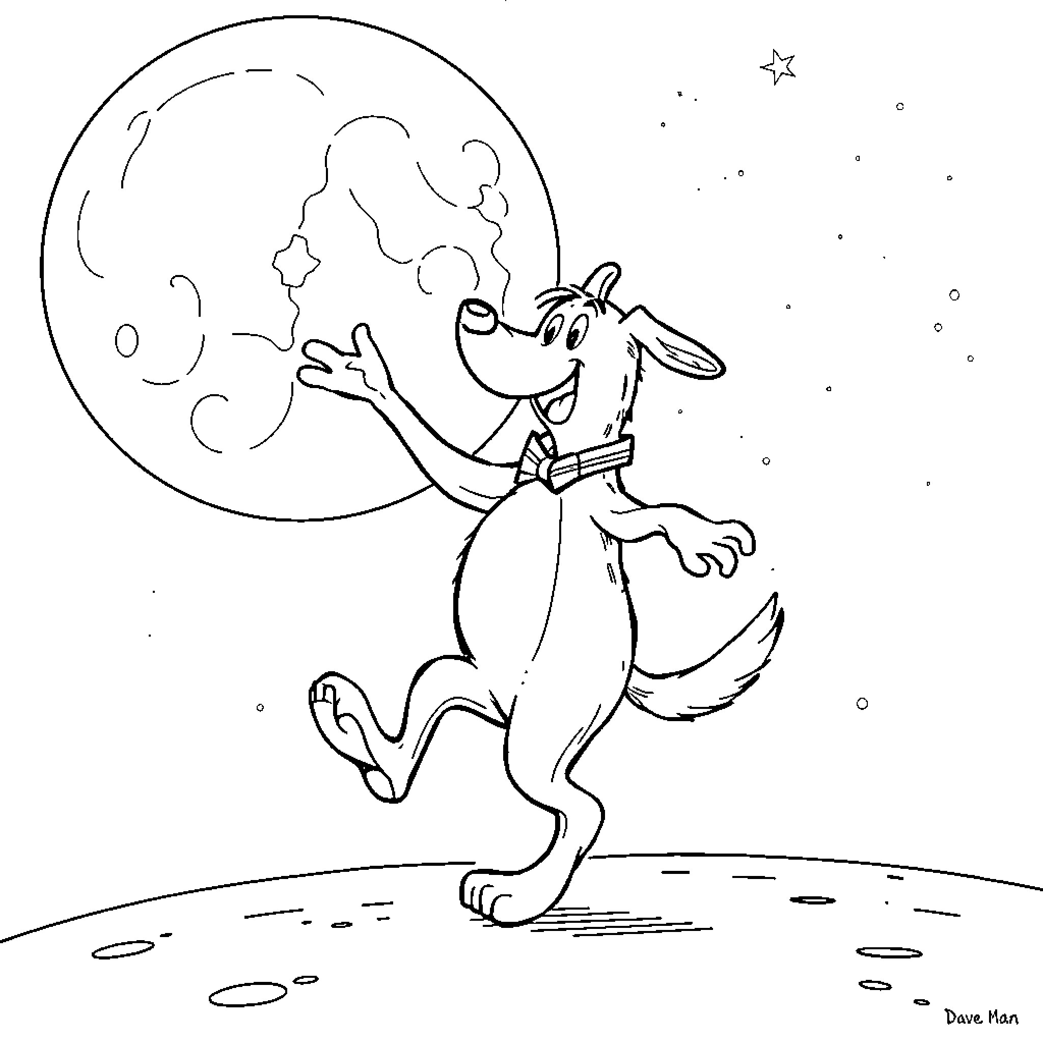 Dog Man gazing at the moon in the night sky Coloring Page (free black-and-white line drawing printable PDF for all, from beginners to advanced learners, including children, teens, adults, and seniors)