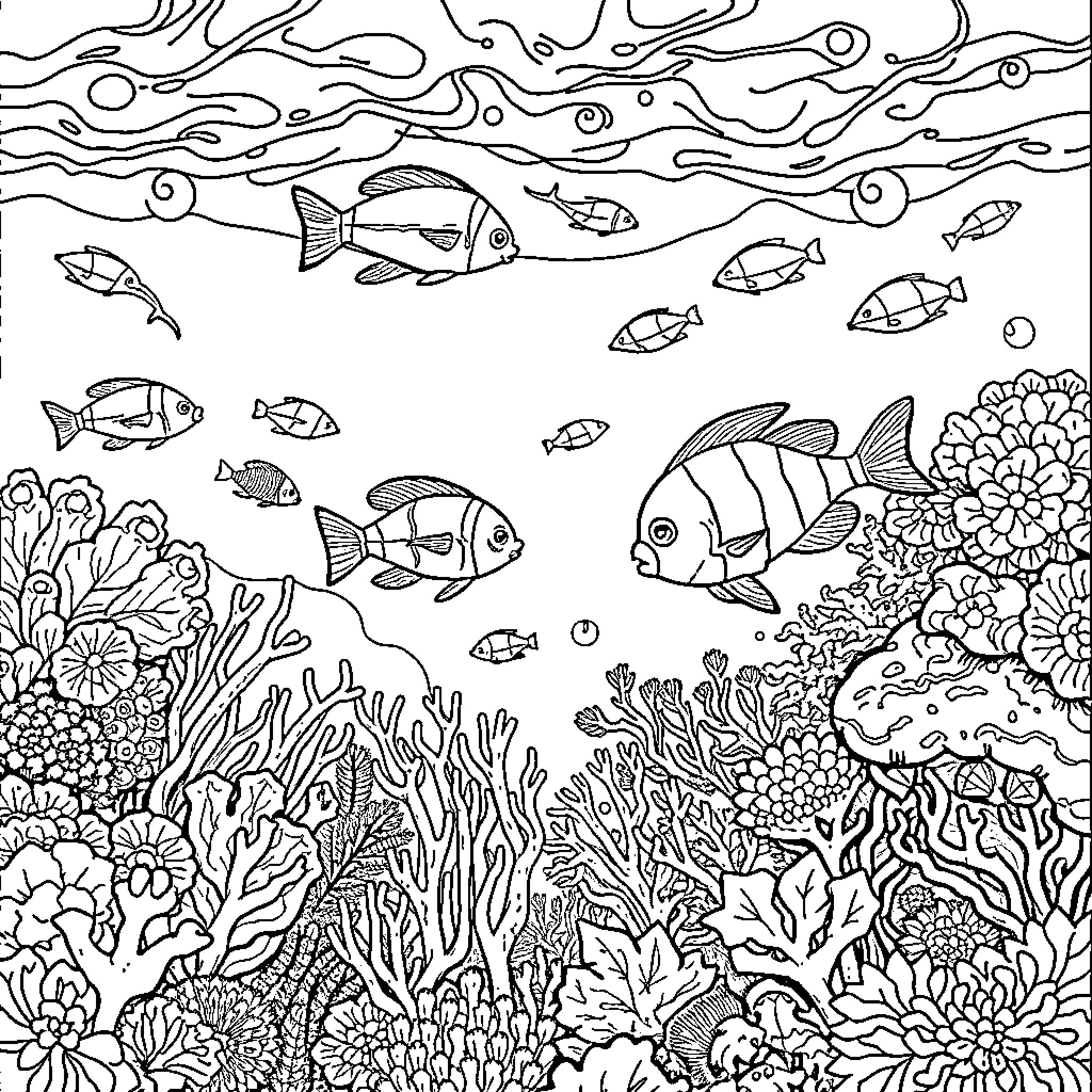 Sea creatures swimming among coral reefs Coloring Page (free black-and-white line drawing printable PDF for all, from beginners to advanced learners, including children, teens, adults, and seniors)