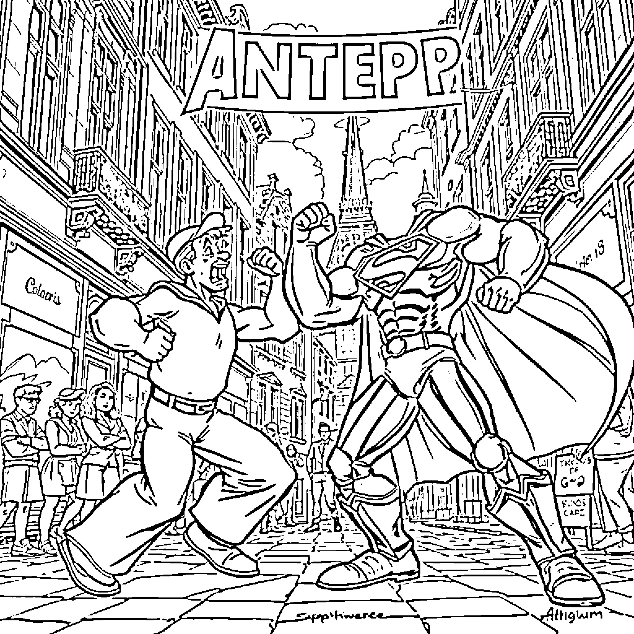 Popeye and Superhero Fighting in the City Streets Coloring Page (free black-and-white line drawing printable PDF for all, from beginners to advanced learners, including children, teens, adults, and seniors)